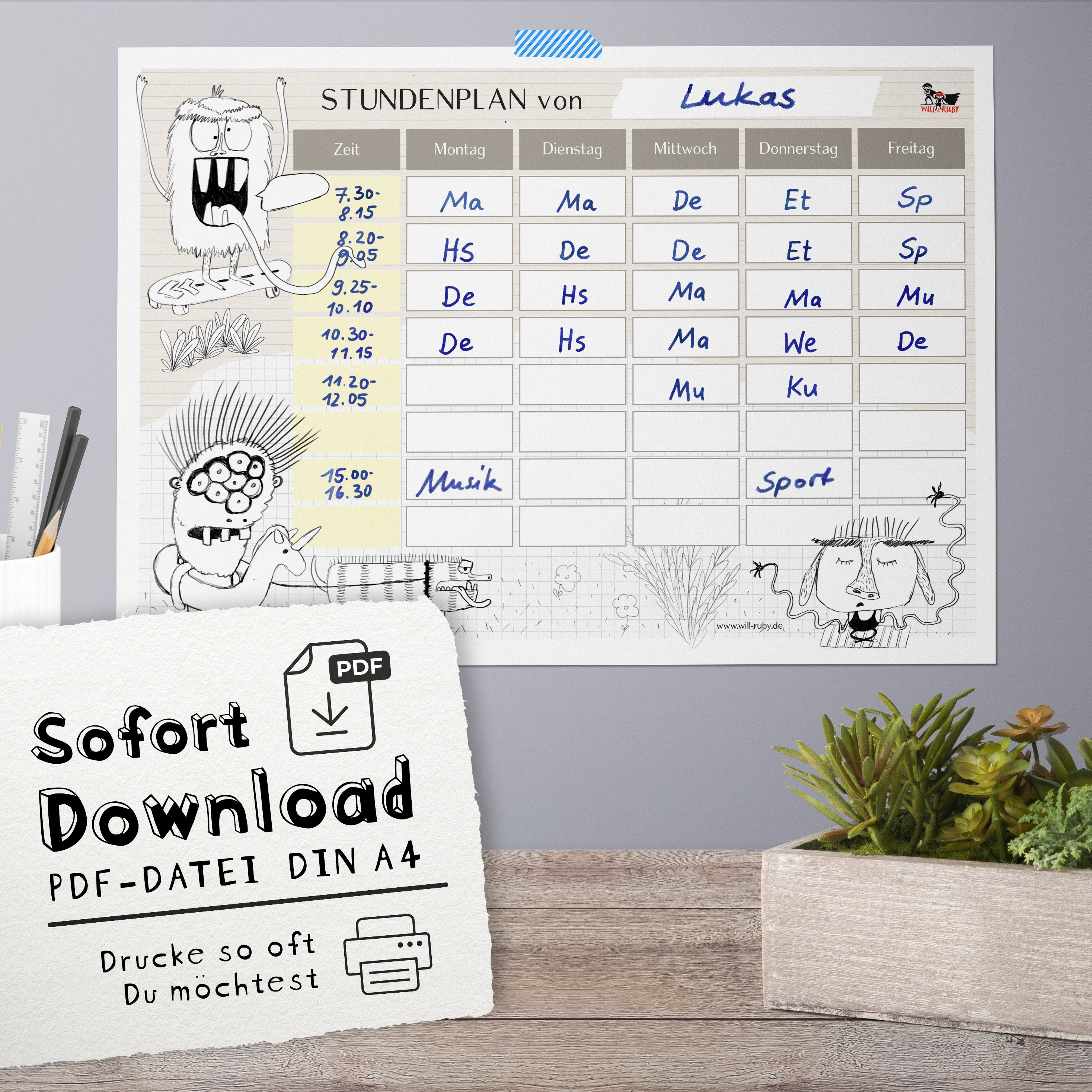 Stundenplan PDF Monster – sofort als Download verfügbar, beliebig oft druckbar, handgemalte Illustration