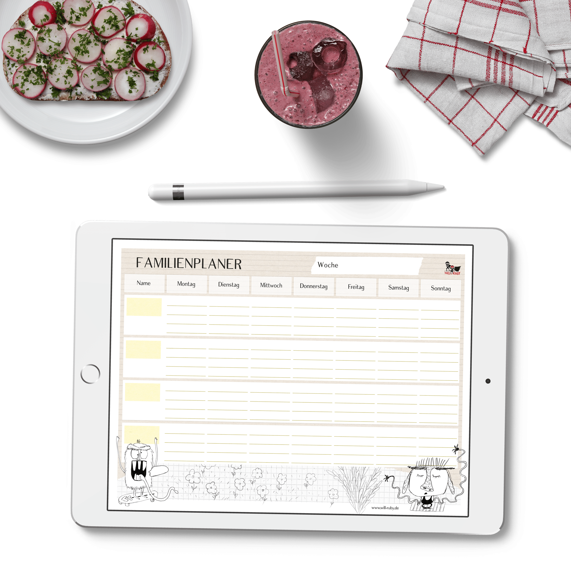 Familienplaner Monster PDF – Wochenplaner zum Ausdrucken im A4-Querformat, mit ausmalbaren Monster-Motiven