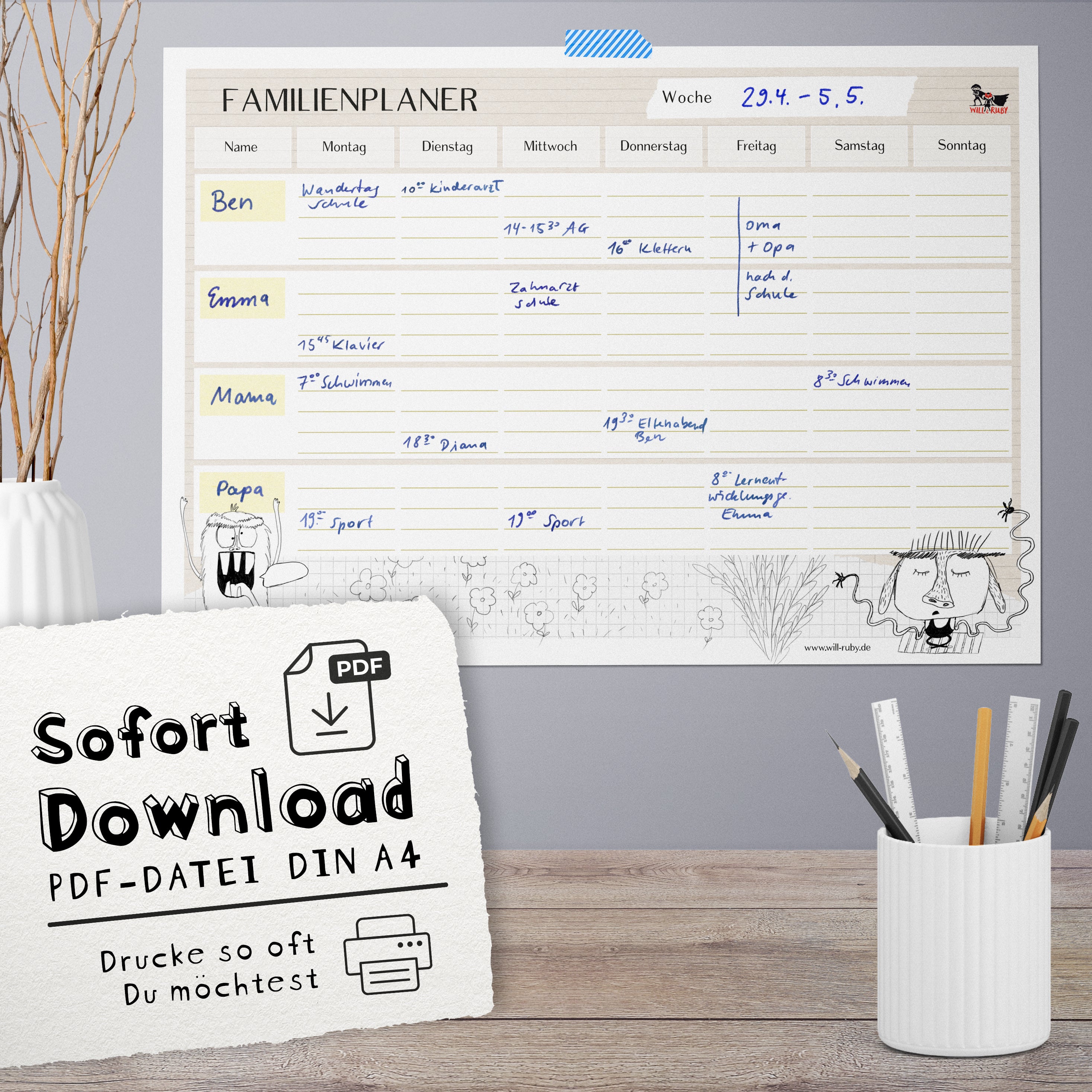 Familienplaner Monster zum Ausdrucken – Wochenplan für die ganze Familie, sieben Wochentage, handgemalt
