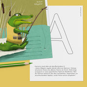 ABC-Karte A wie Anton Alligator, handgemalte Lernkarte zum Lesen lernen für Kinder