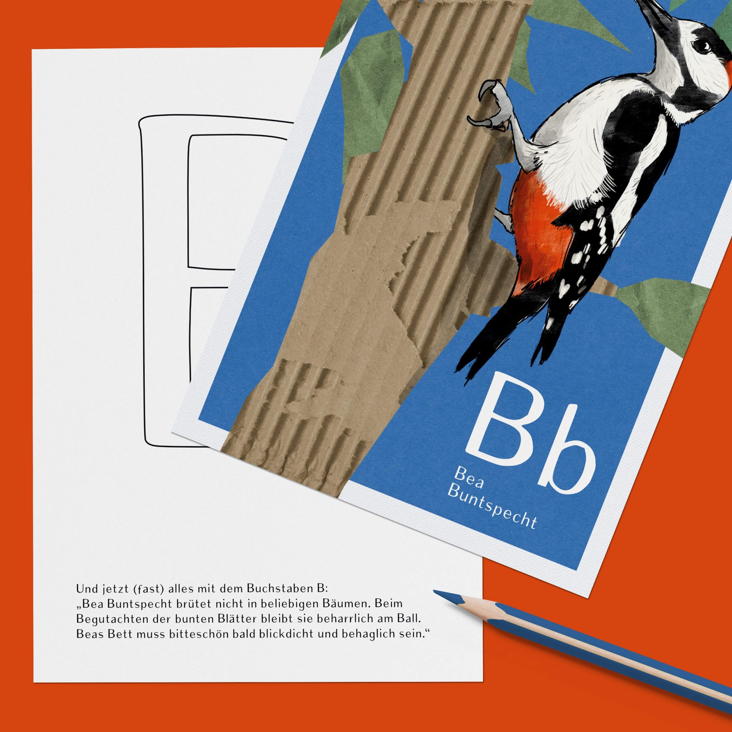 ABC-Karte B wie Bea Buntspecht, handgemalte Lernkarte zum Lesen lernen für Kinder