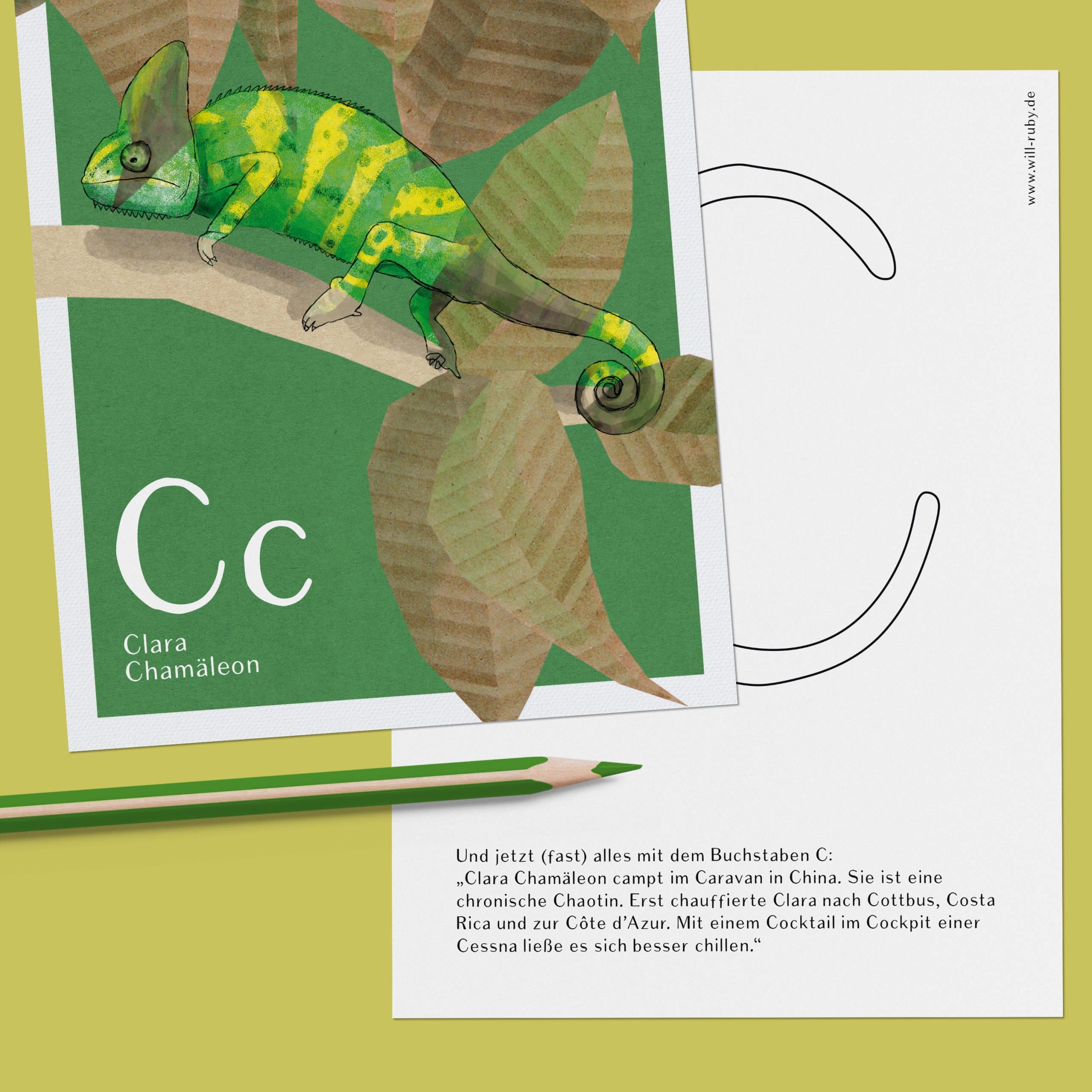 ABC-Karte C wie Clara Chamäleon, handgemalte Lernkarte zum Lesen lernen für Kinder