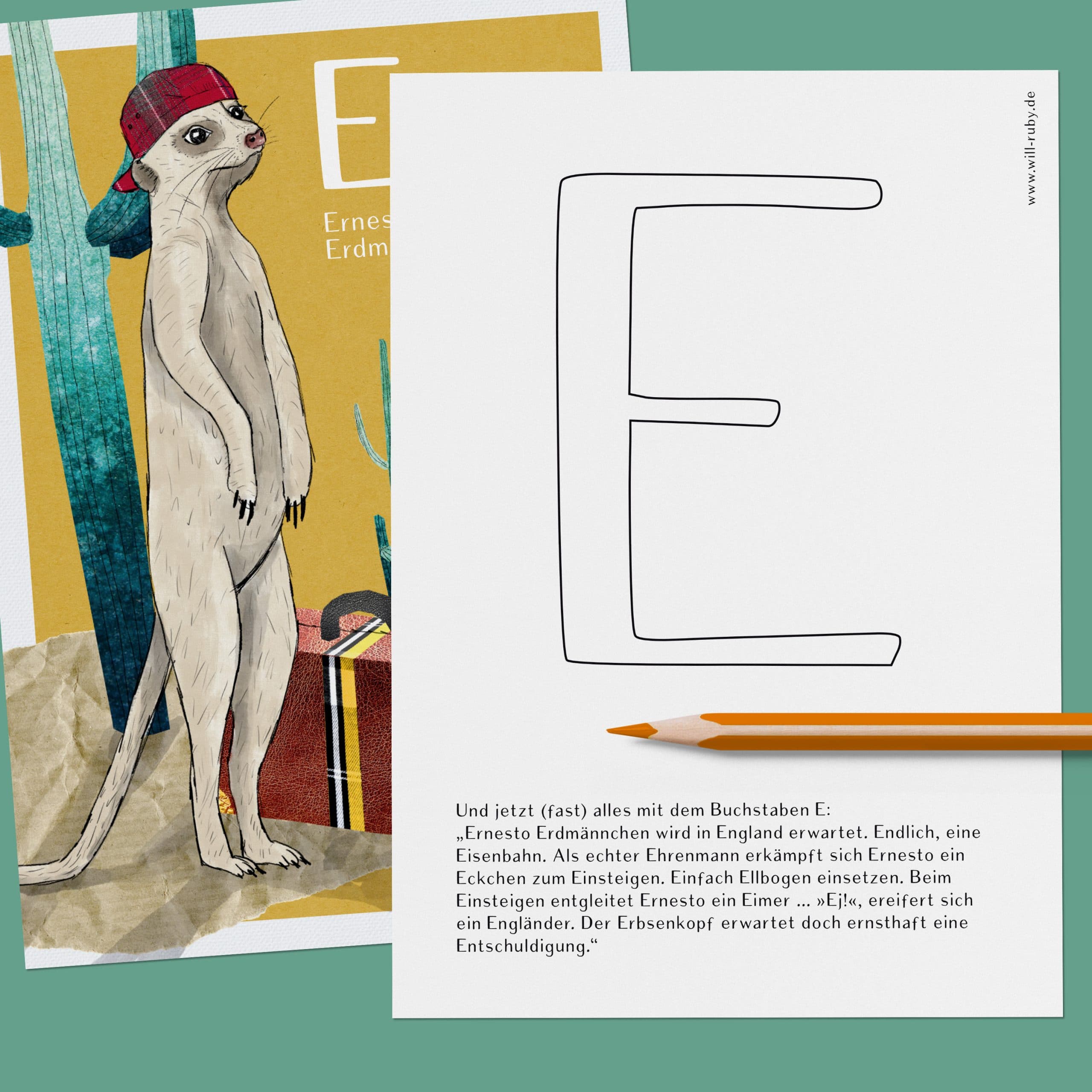ABC-Karte E wie Ernesto Erdmännchen, handgemalte Lernkarte zum Lesen lernen für Kinder