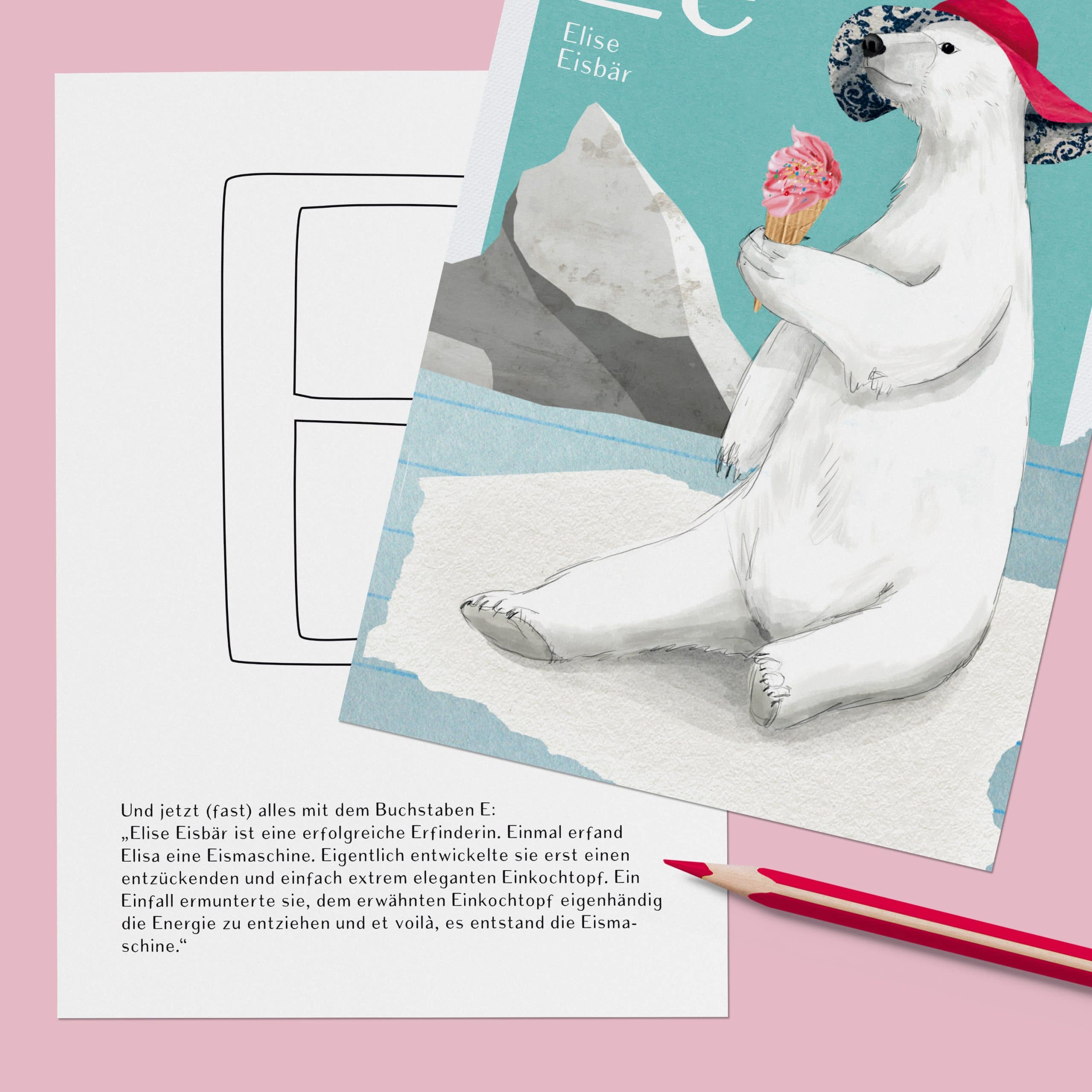 ABC-Karte E wie Elise Eisbär, handgemalte Lernkarte zum Lesen lernen für Kinder