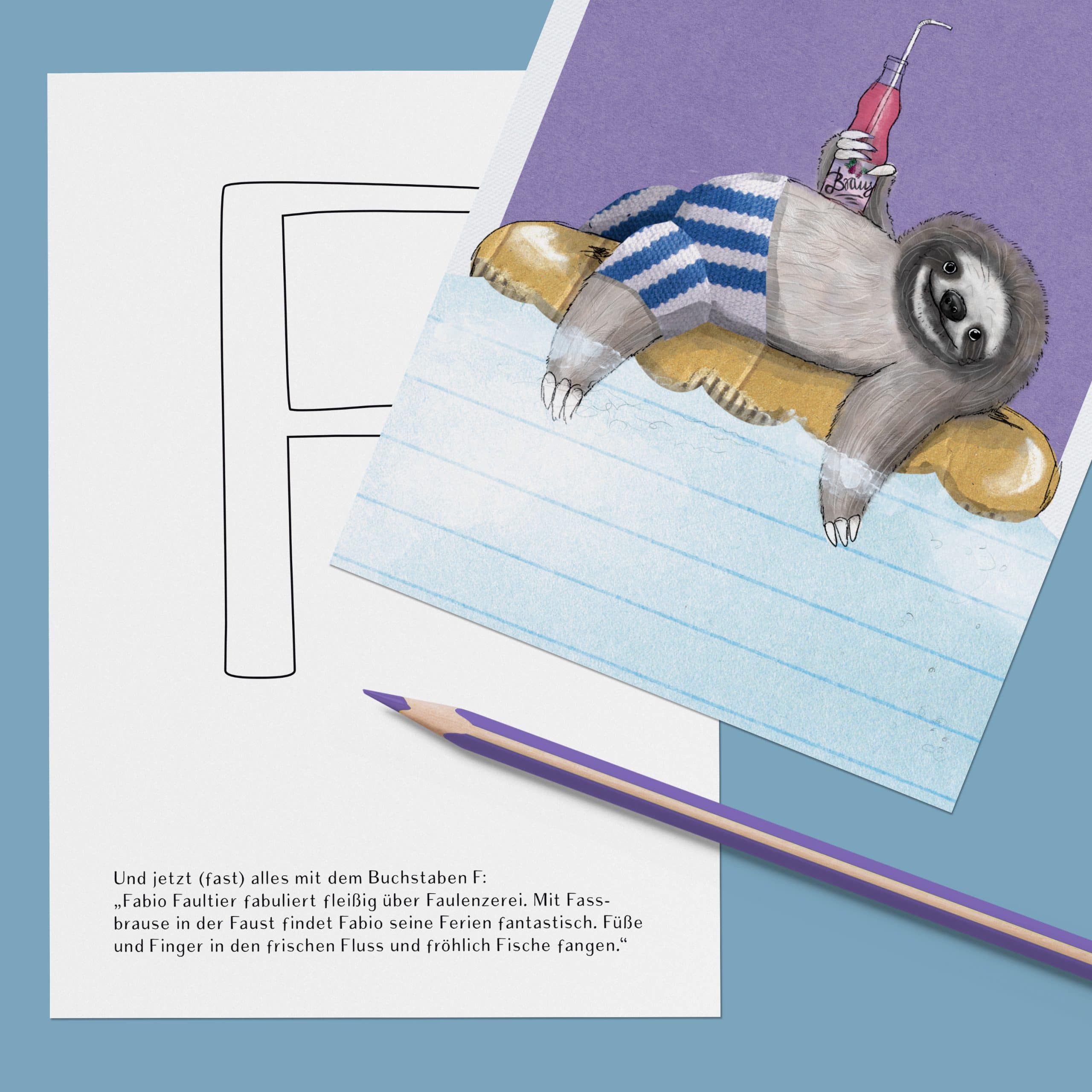 ABC-Karte F wie Fabio Faultier, handgemalte Lernkarte zum Lesen lernen für Kinder