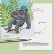 ABC-Karte G wie Gordon Gorilla, handgemalte Lernkarte zum Lesen lernen für Kinder