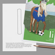 ABC-Karte I wie Isolde Islandpony, handgemalte Lernkarte zum Lesen lernen für Kinder