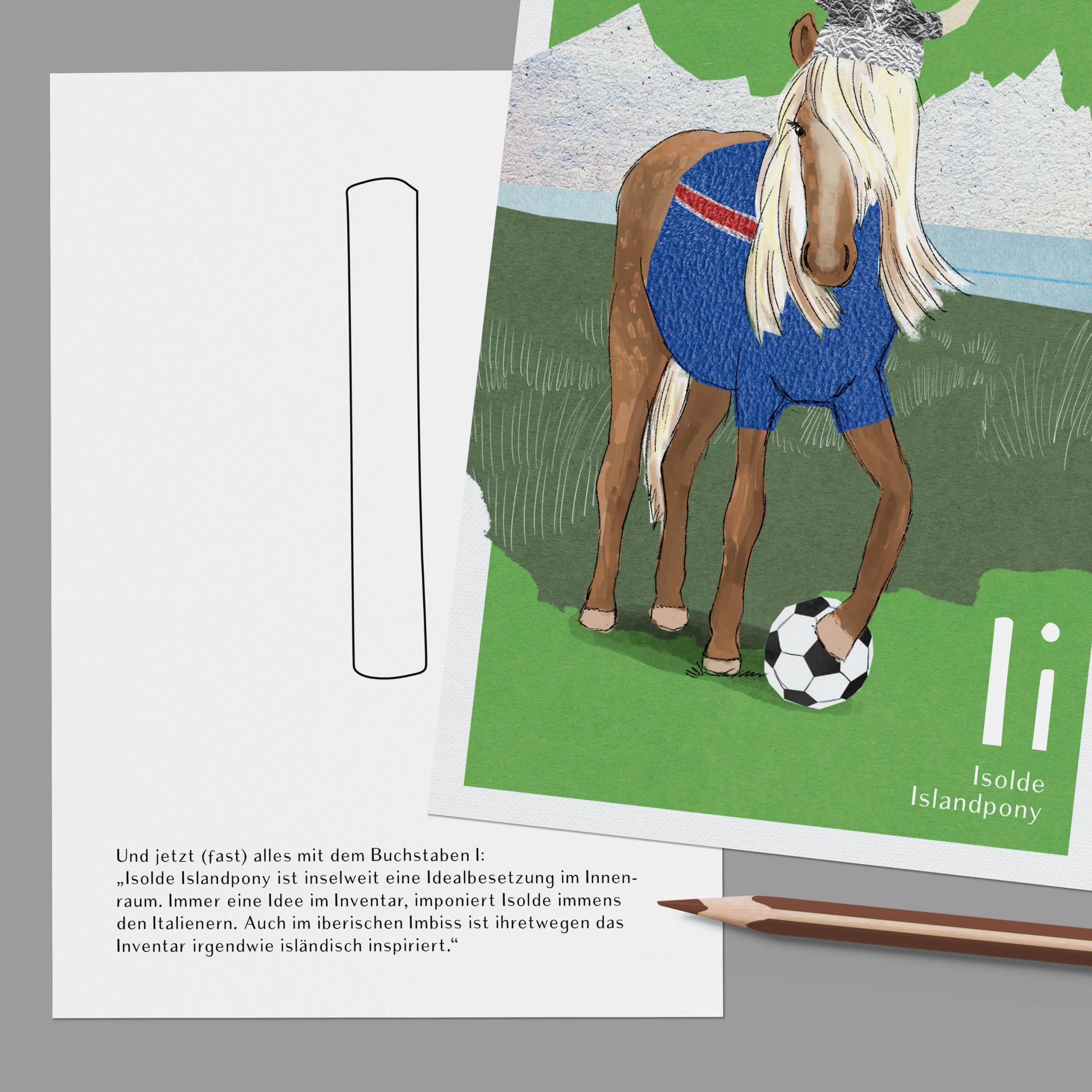 ABC-Karte I wie Isolde Islandpony, handgemalte Lernkarte zum Lesen lernen für Kinder