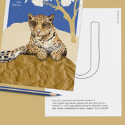 ABC-Karte J wie Juri Jaguar, handgemalte Lernkarte zum Lesen lernen für Kinder