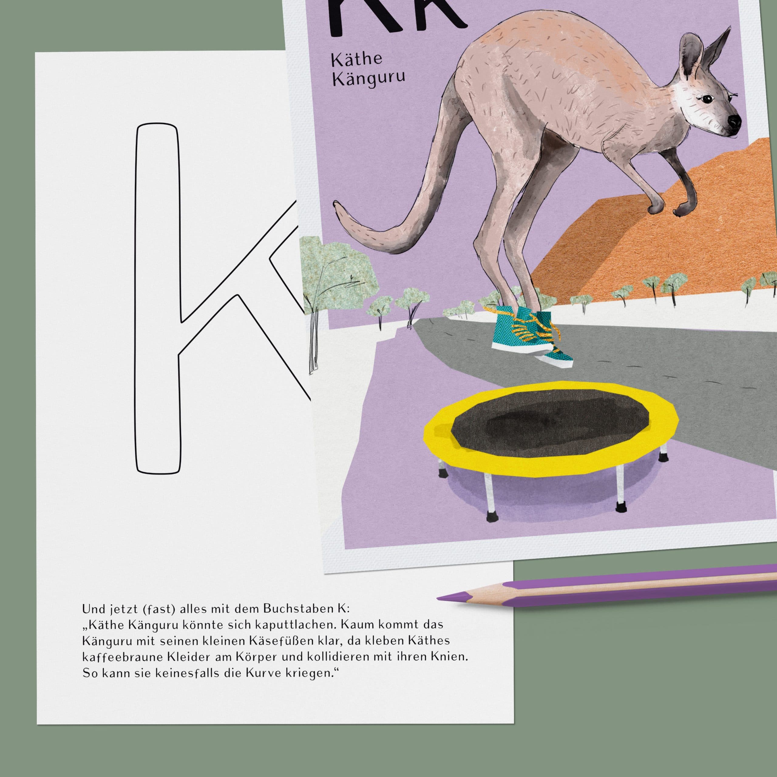 ABC-Karte K wie Käthe Känguru, handgemalte Lernkarte zum Lesen lernen für Kinder