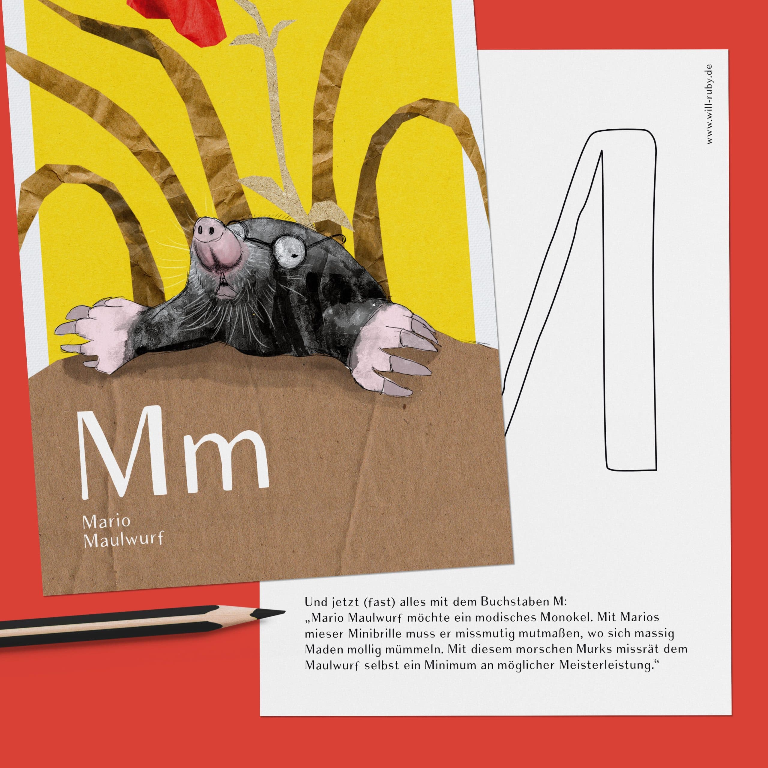 ABC-Karte M wie Mario Maulwurf, handgemalte Lernkarte zum Lesen lernen für Kinder