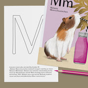 ABC-Karte M wie Melanie Meerschweinchen, handgemalte Lernkarte zum Lesen lernen für Kinder