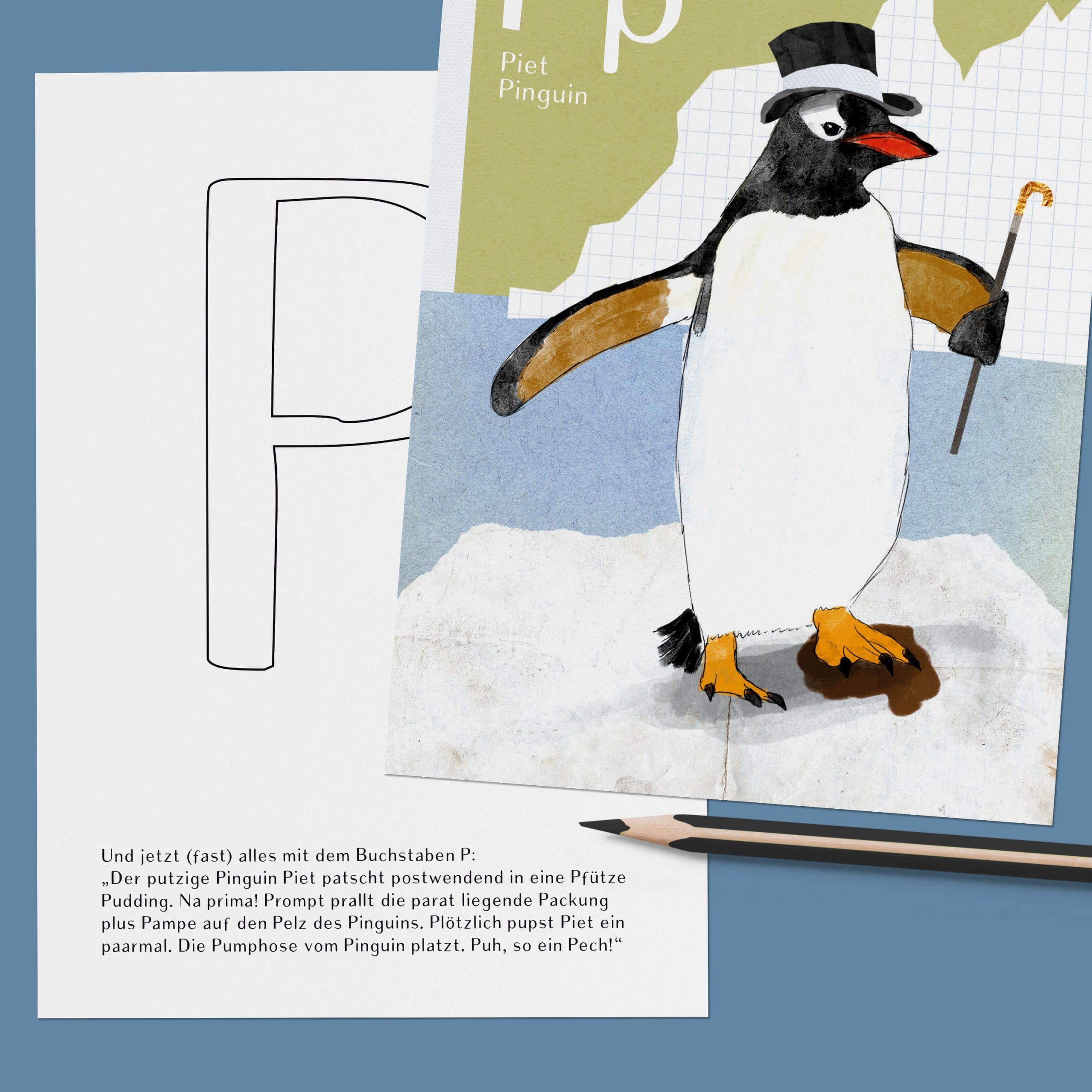 ABC-Karte P wie Piet Pinguin, handgemalte Lernkarte zum Lesen lernen für Kinder