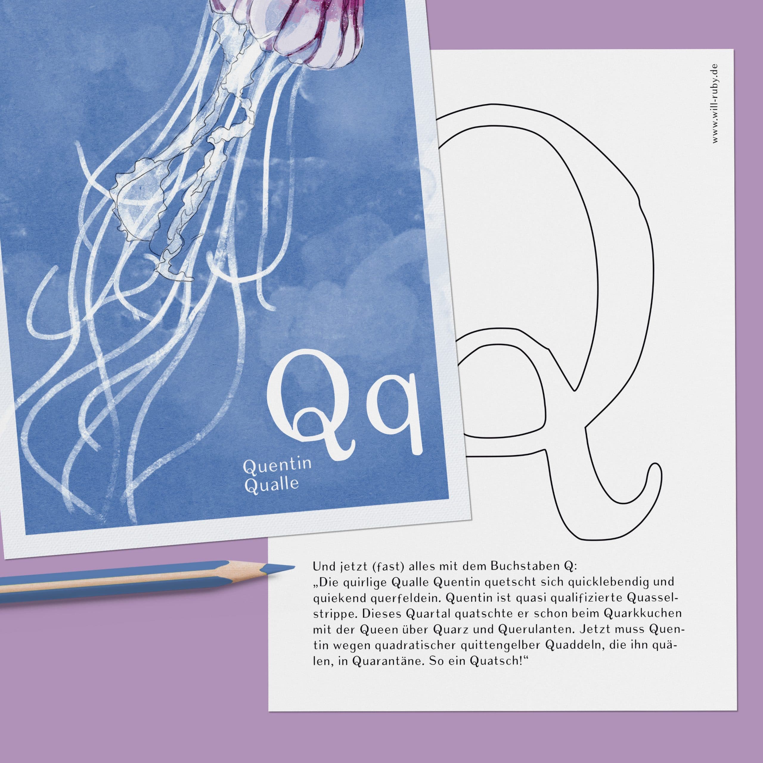 ABC-Karte Q wie Qüntin Qualle, handgemalte Lernkarte zum Lesen lernen für Kinder