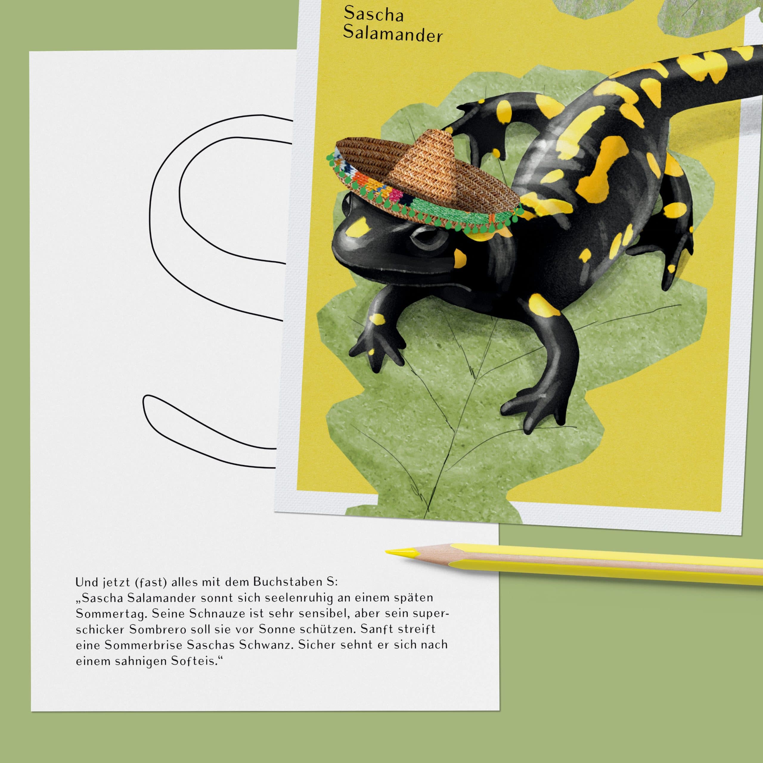 ABC-Karte S wie Sascha Salamander, handgemalte Lernkarte zum Lesen lernen für Kinder