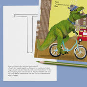 ABC-Karte T wie Toni T-Rex, handgemalte Lernkarte zum Lesen lernen für Kinder