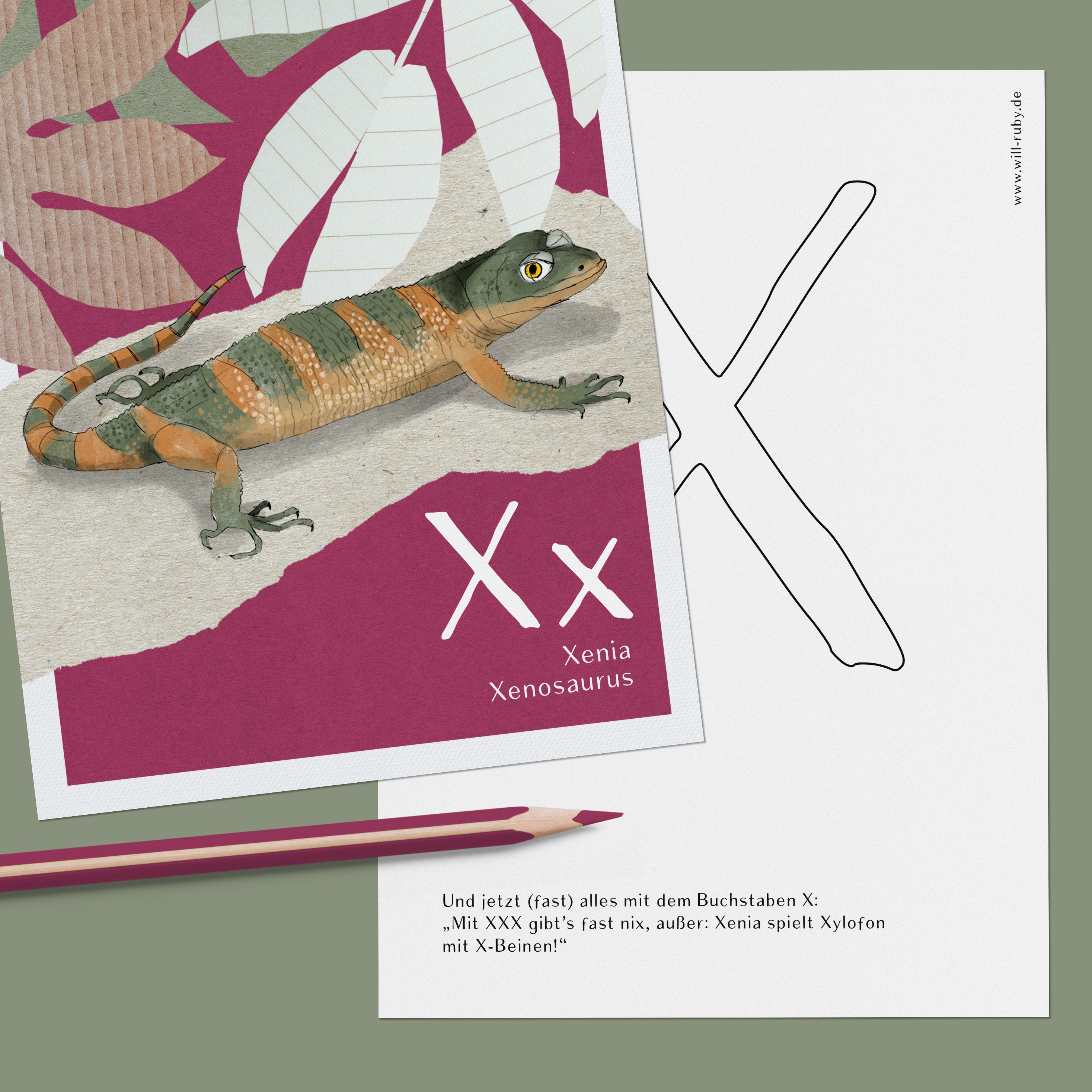 ABC-Karte X wie Xenia Xenosaurus, handgemalte Lernkarte zum Lesen lernen für Kinder