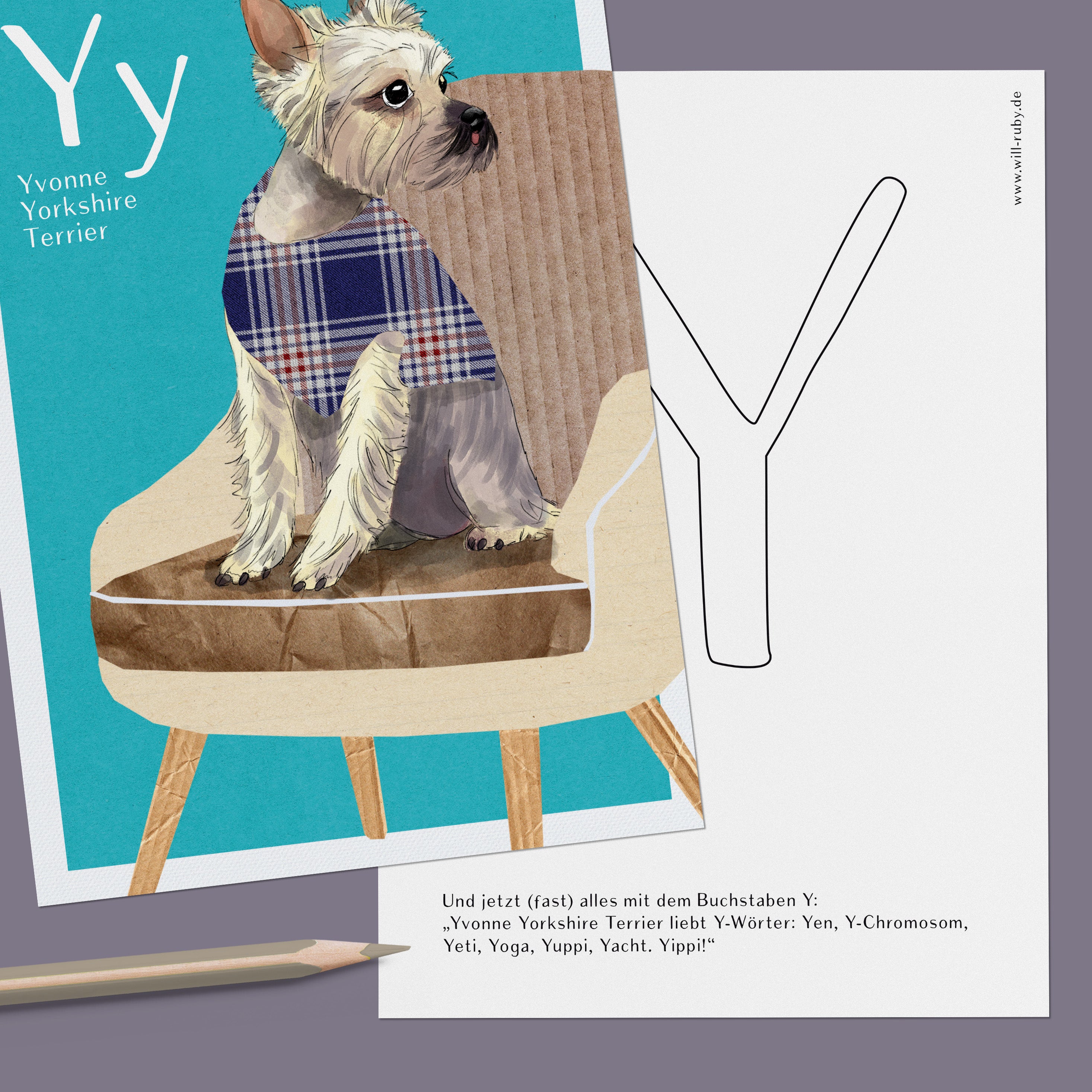 ABC-Karte Y wie Yvonne Yorkshire Terrier, handgemalte Lernkarte zum Lesen lernen für Kinder