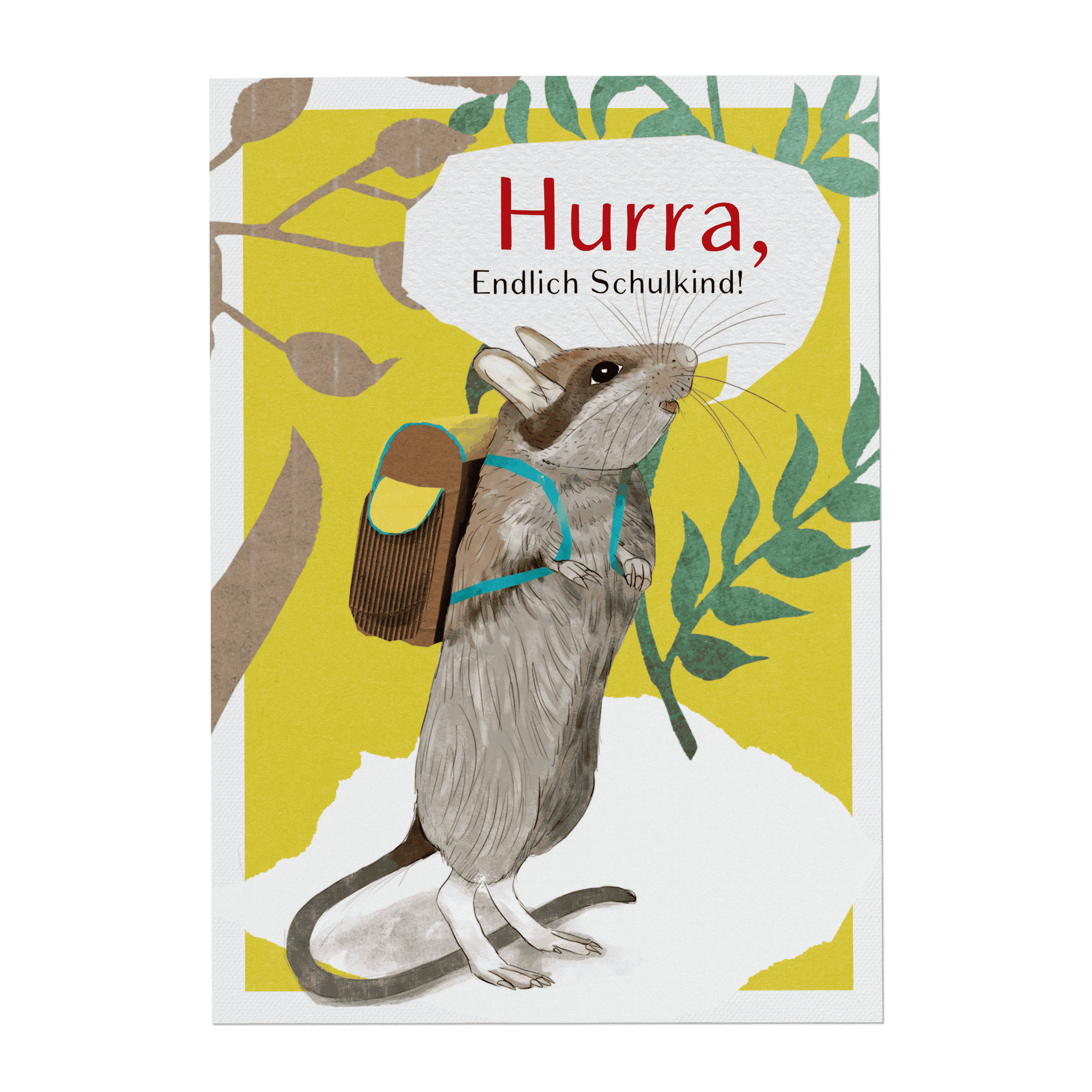 Einschulungskarte Maus – Hurra, endlich Schulkind! Handgemalte Glückwunschkarte mit Maus und Schulranzen
