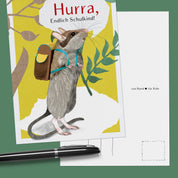 Einschulungskarte Maus – handgemalte Postkarte zur Einschulung