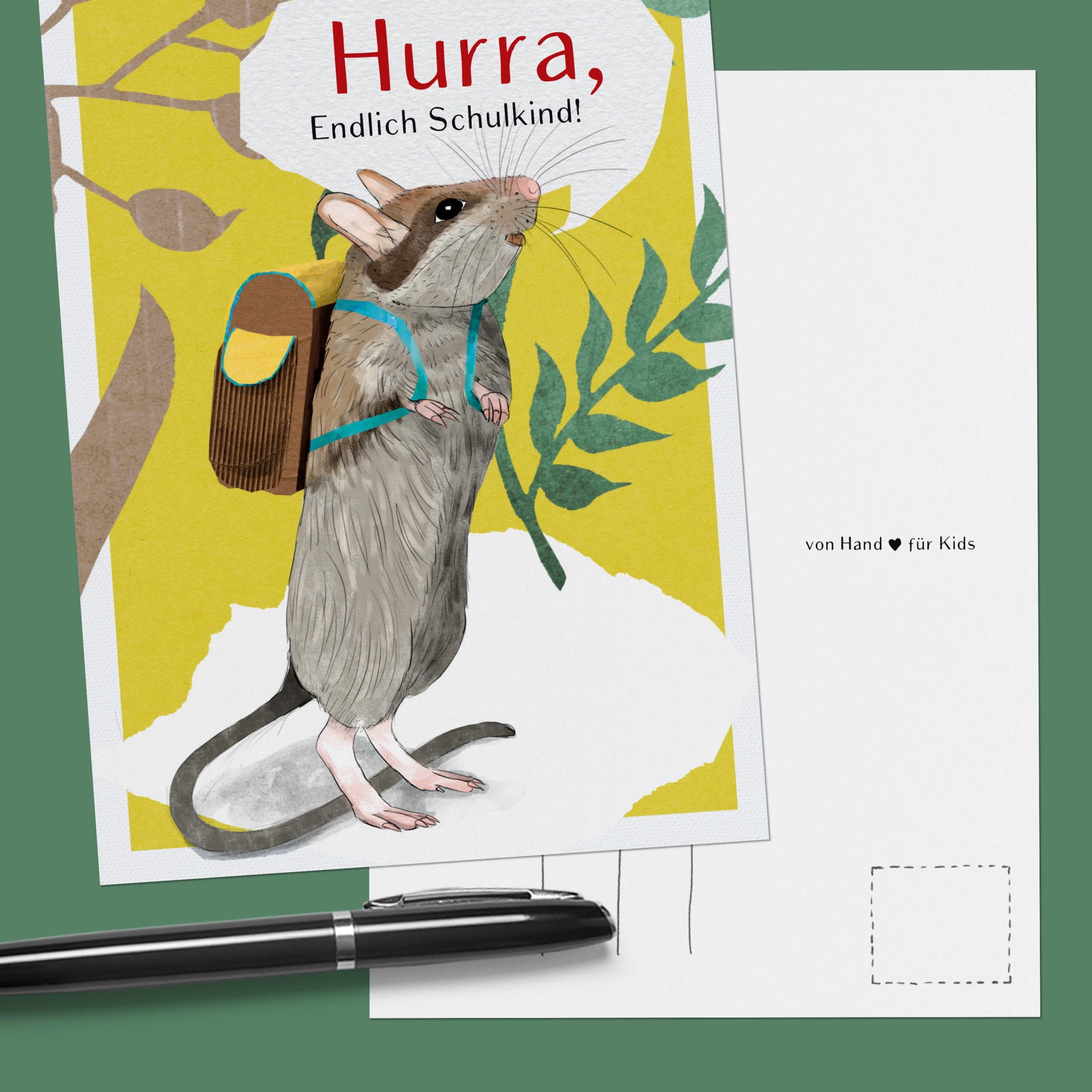 Einschulungskarte Maus – handgemalte Postkarte zur Einschulung