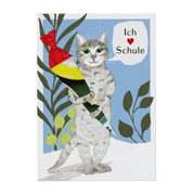 Einschulungskarte Katze – Ich liebe Schule! Handgemalte Glückwunschkarte mit Katze und Schultüte