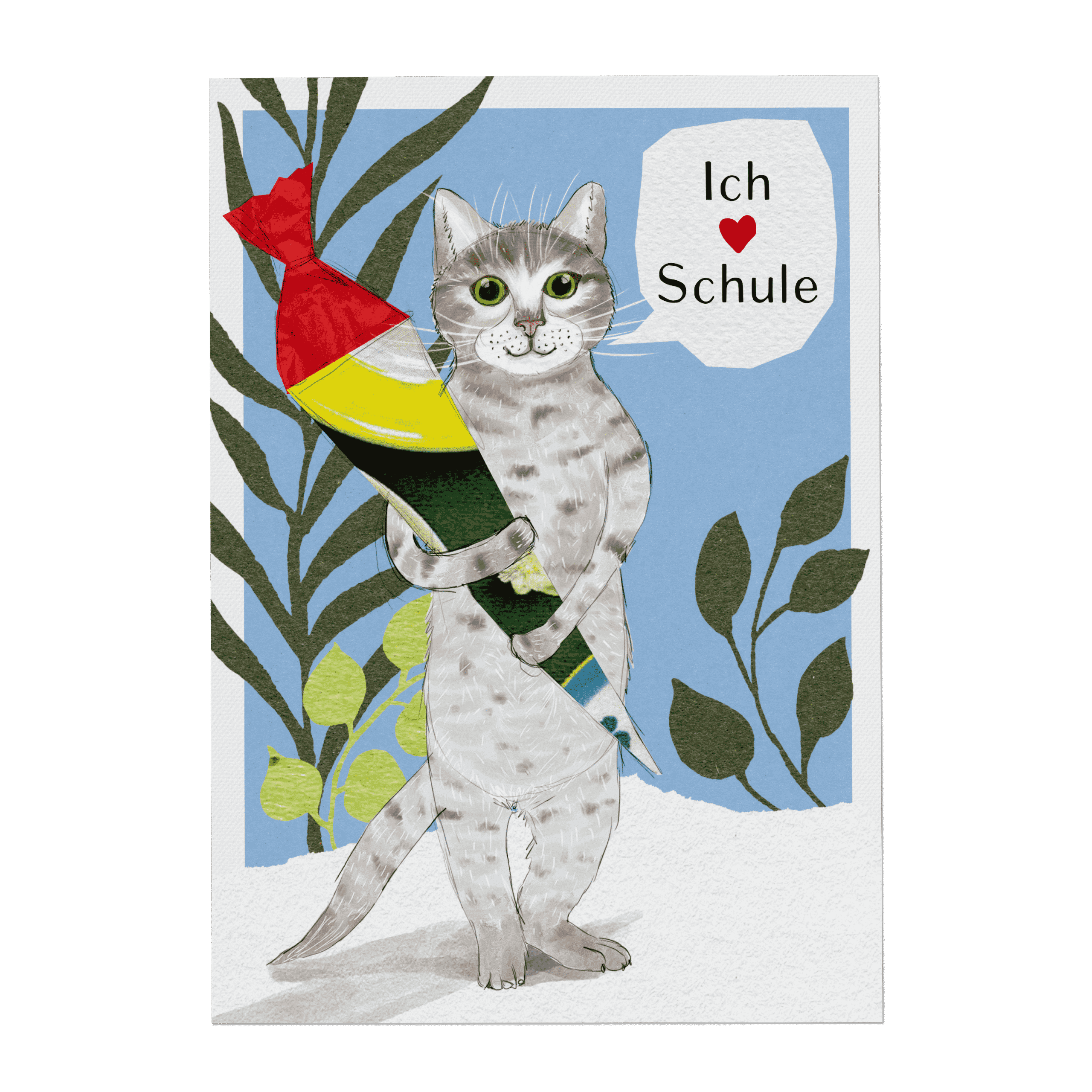 Einschulungskarte Katze – Ich liebe Schule! Handgemalte Glückwunschkarte mit Katze und Schultüte