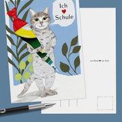Einschulungskarte Katze – handgemalte Postkarte zur Einschulung