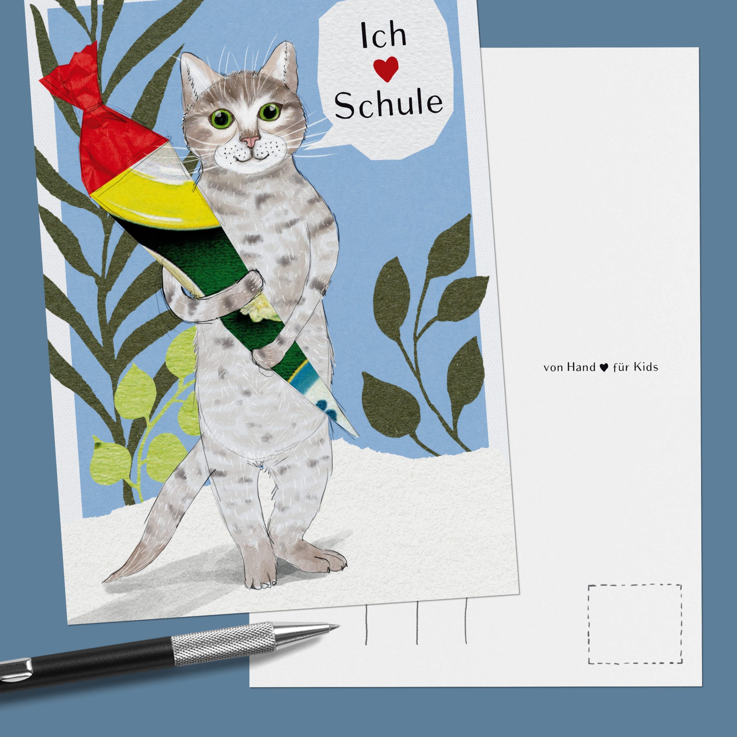 Einschulungskarte Katze – handgemalte Postkarte zur Einschulung