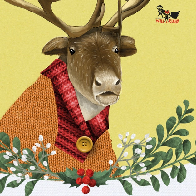 Weihnachtskarte Rentier – handgemaltes Tier-Motiv mit Karo-Schal und Geweih, nachhaltig produziert