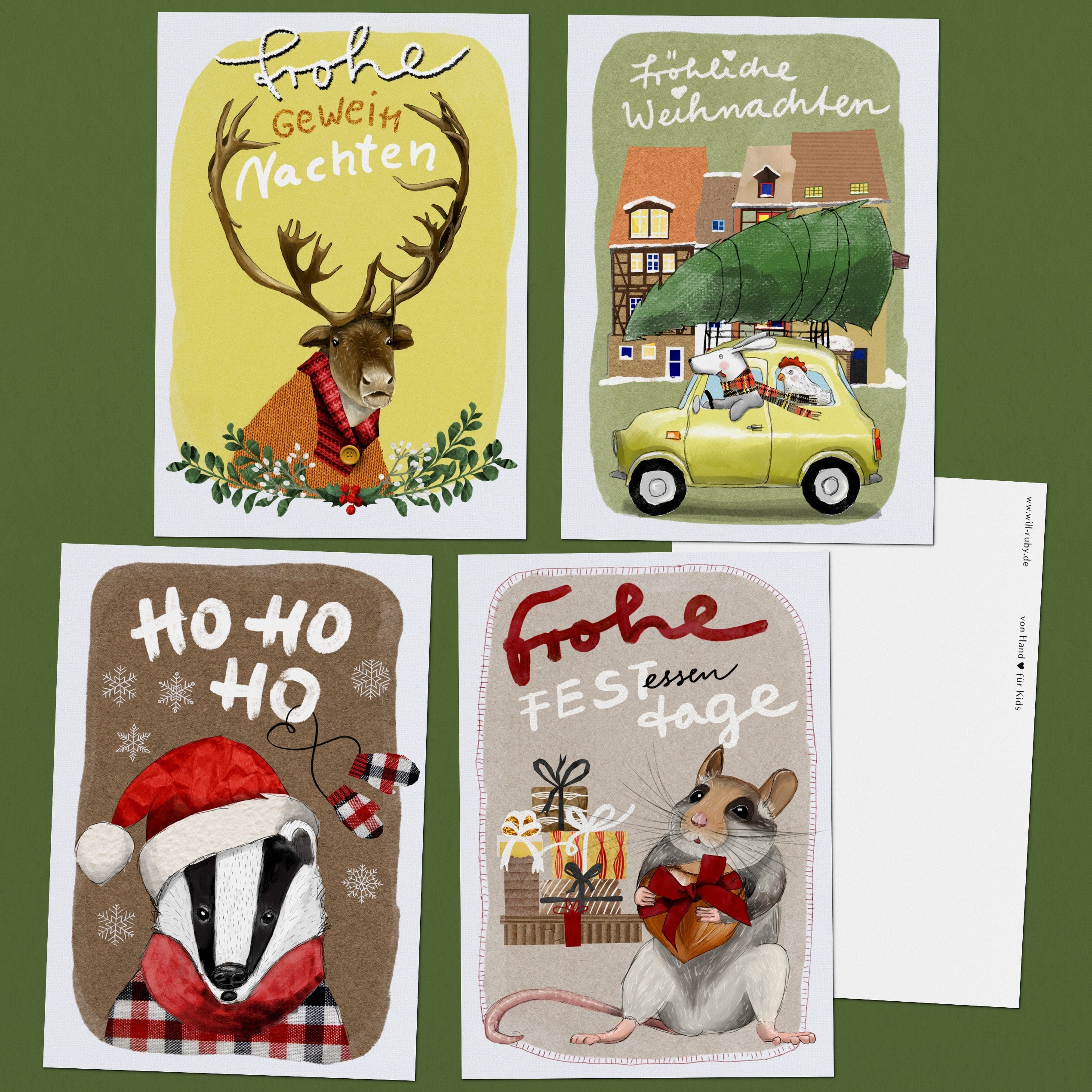 Weihnachtskarten Set Tiere – 4er Postkartenset mit Tier-Motiven, handgemaltes Set für Weihnachtsgrüße