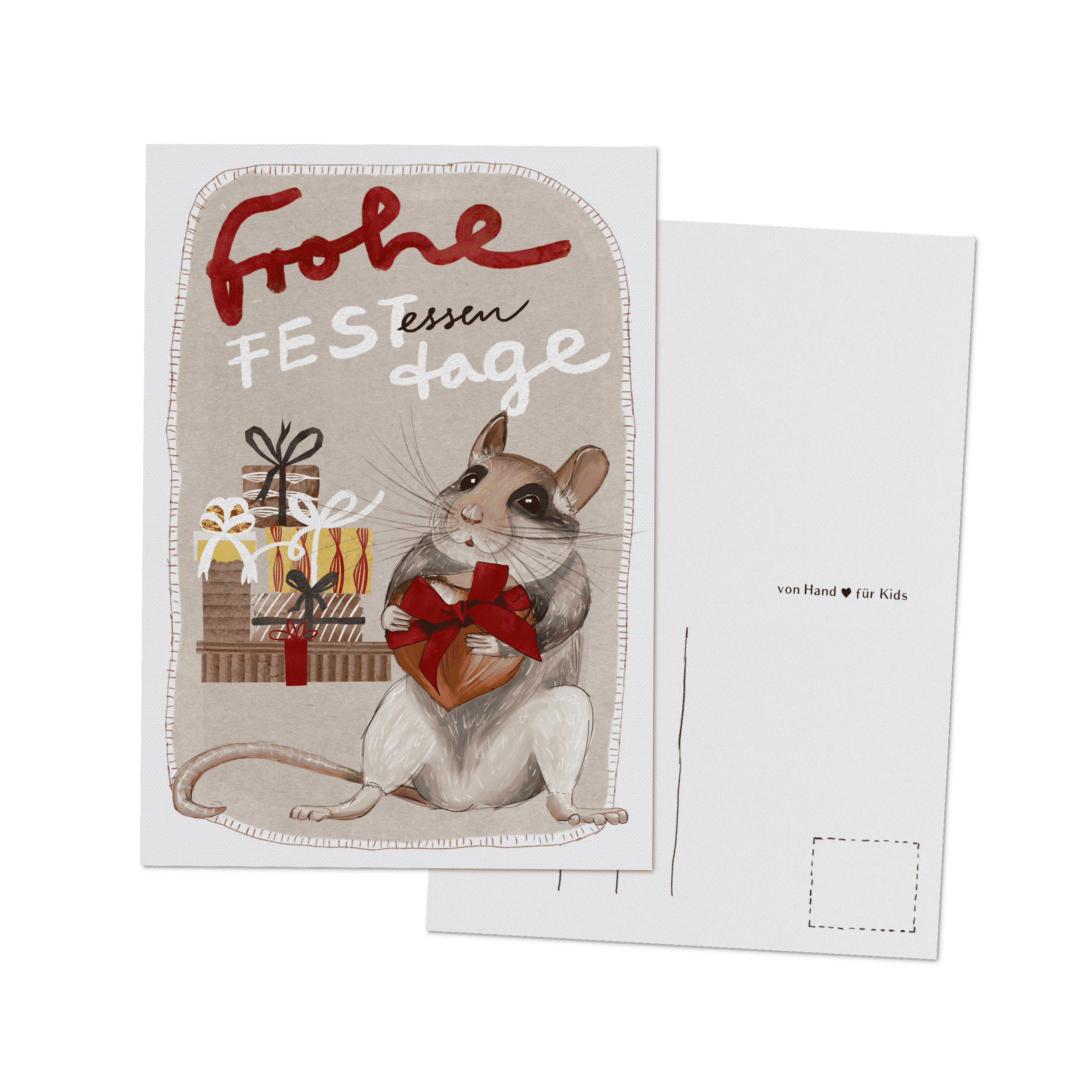 Weihnachtskarte Maus "Frohe FESTessenTage" – illustrierte Postkarte mit Manu Maus, handgemalt für Weihnachtsgrüße