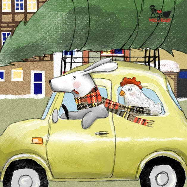 Weihnachtskarte Hund und Huhn – handgemaltes Tier-Motiv mit gelbem Auto und Weihnachtsbaum, nachhaltig