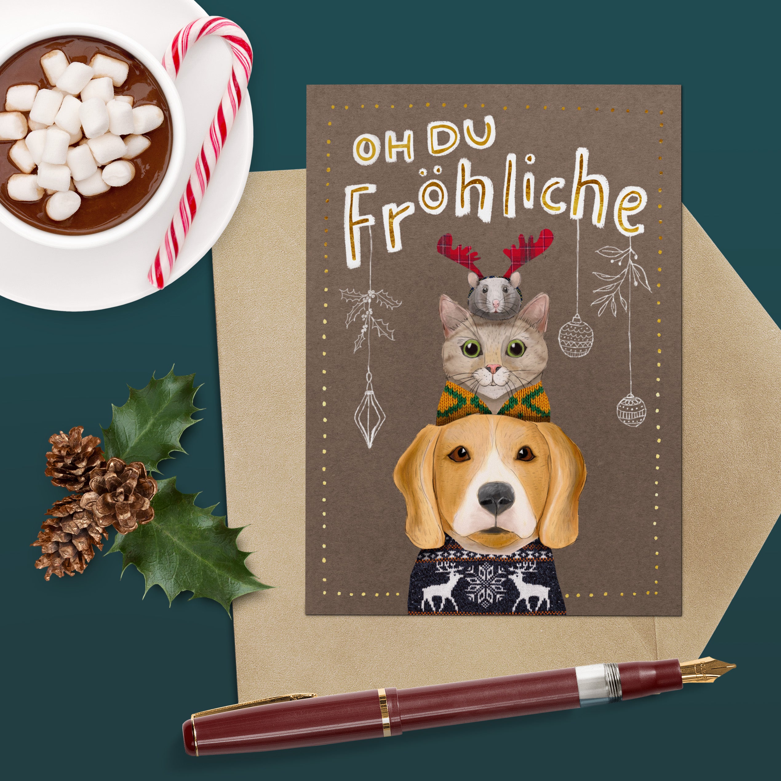 Weihnachtskarte "Oh du Fröhliche" – Klappkarte mit Beagle, Katze und Maus, handgemalt mit Goldlack