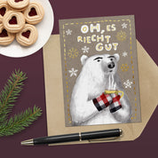 Weihnachtskarte "Oh, es riecht gut" – Klappkarte mit Eisbär, handgemalt mit Goldlack-Veredelung