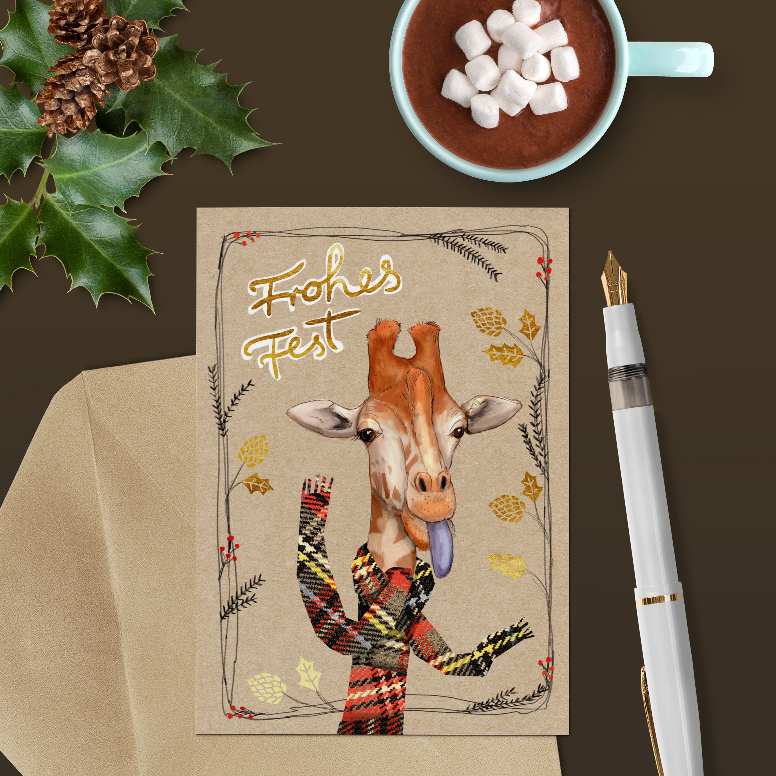 Weihnachtskarte "Frohes Fest" – Klappkarte mit Giraffe, handgemalt mit Goldlack-Veredelung