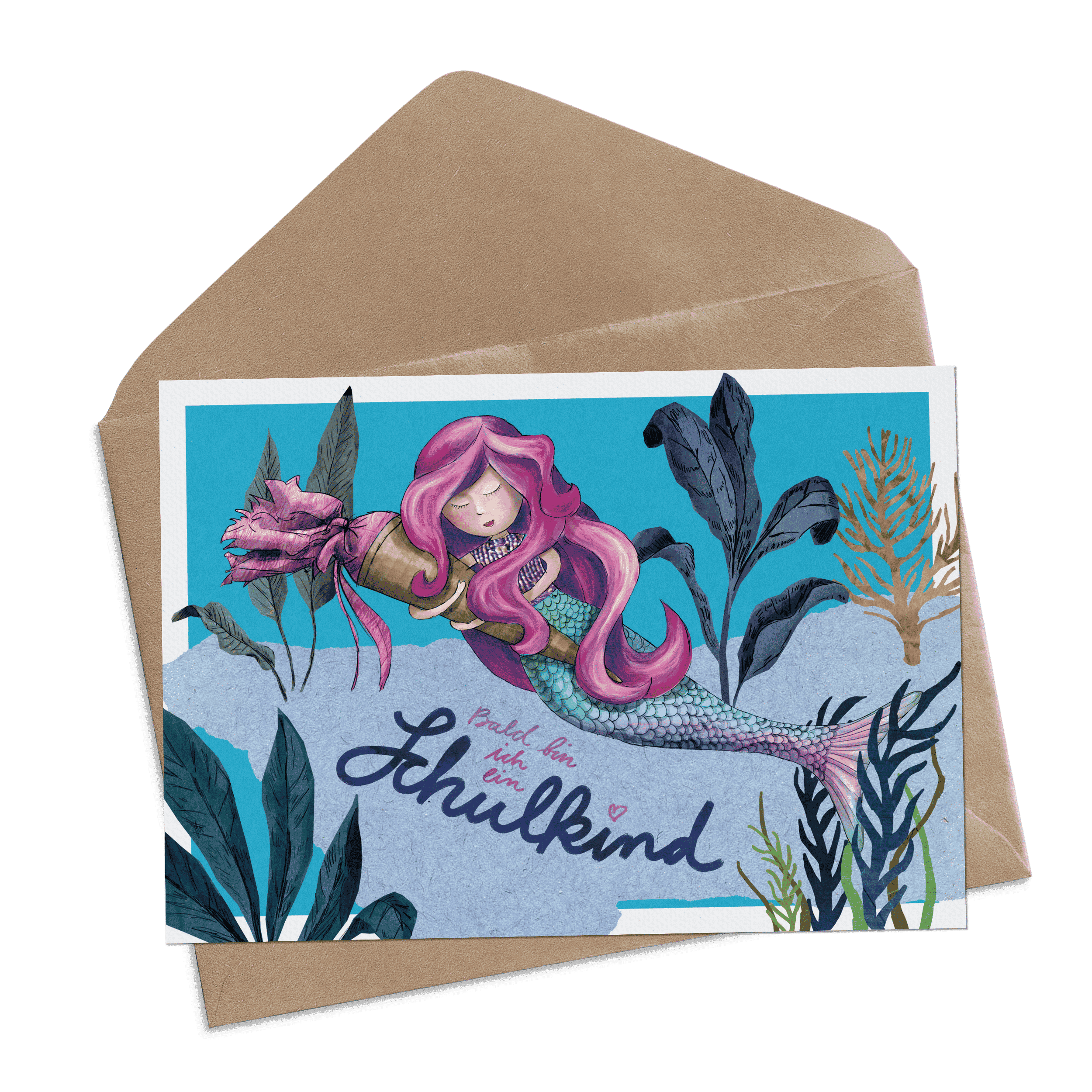 Einladung Einschulung Meerjungfrau "Bald bin ich ein Schulkind" – Klappkarte DIN A6 mit Kraftpapier-Umschlag, handgemalt