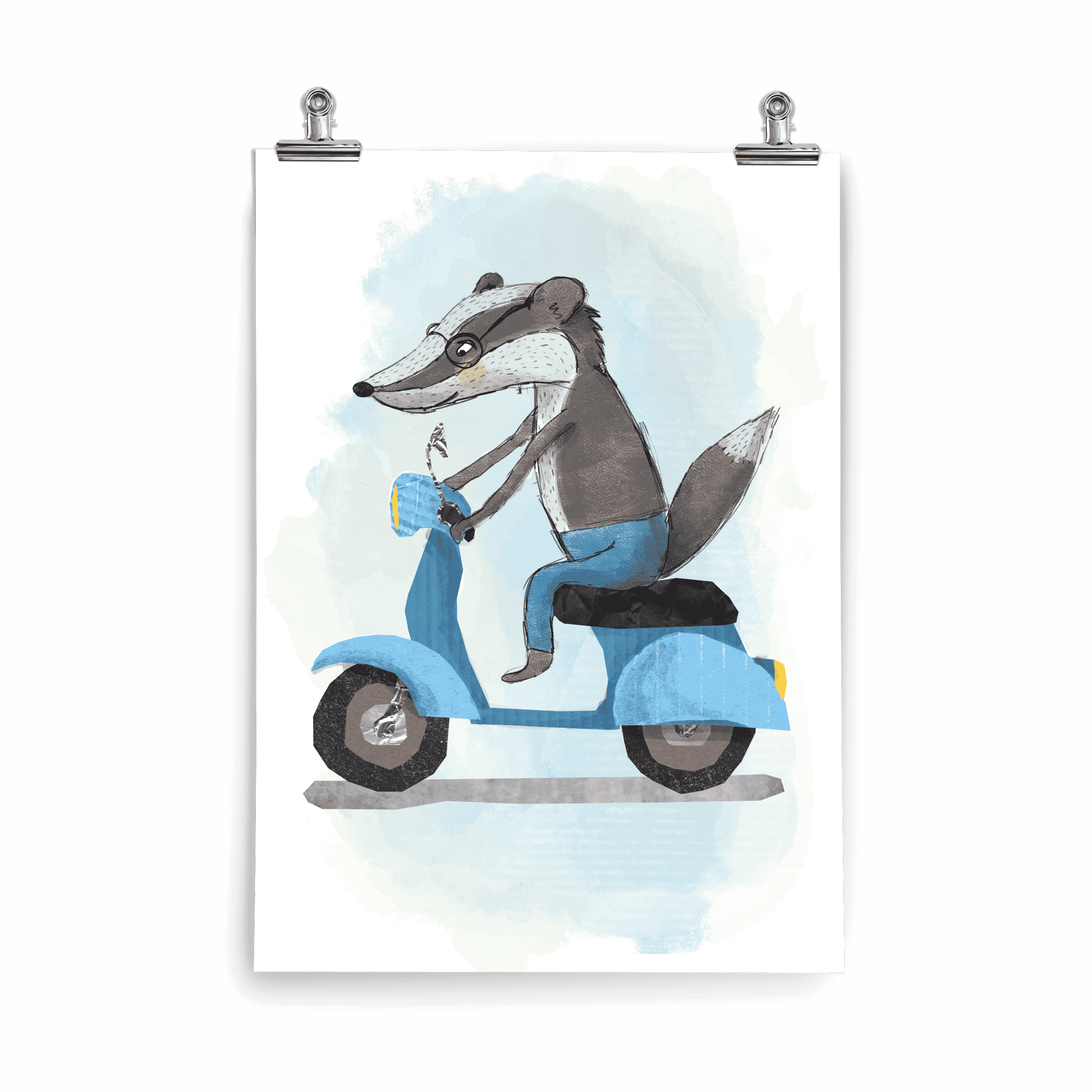 Kinderposter Daniel Dachs – Dachs mit Brille auf blauer Vespa, Aquarellwolken, handgemalt