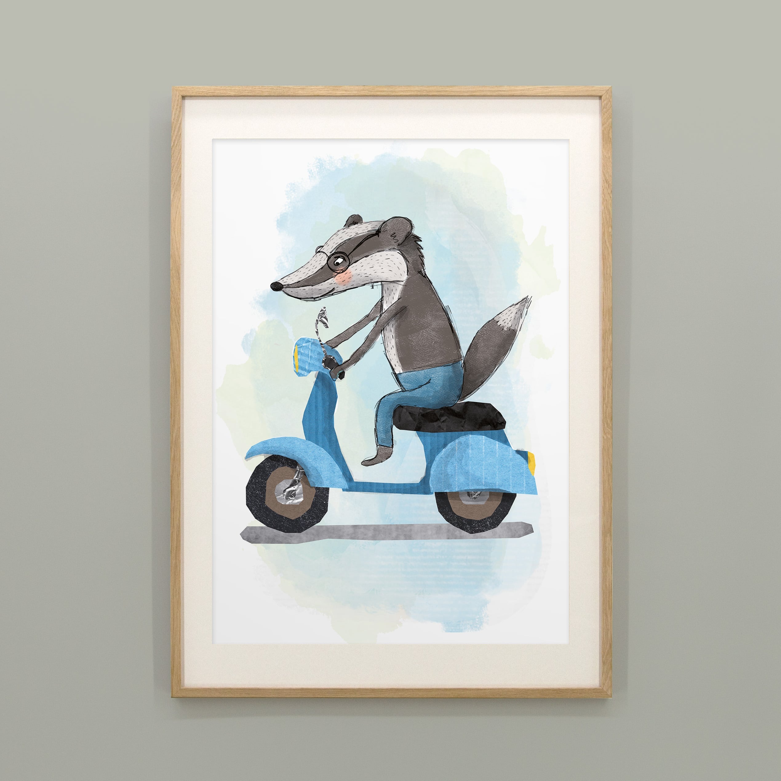 Kinderposter Daniel Dachs im Holzrahmen, handgemaltes Wandbild fürs Kinderzimmer