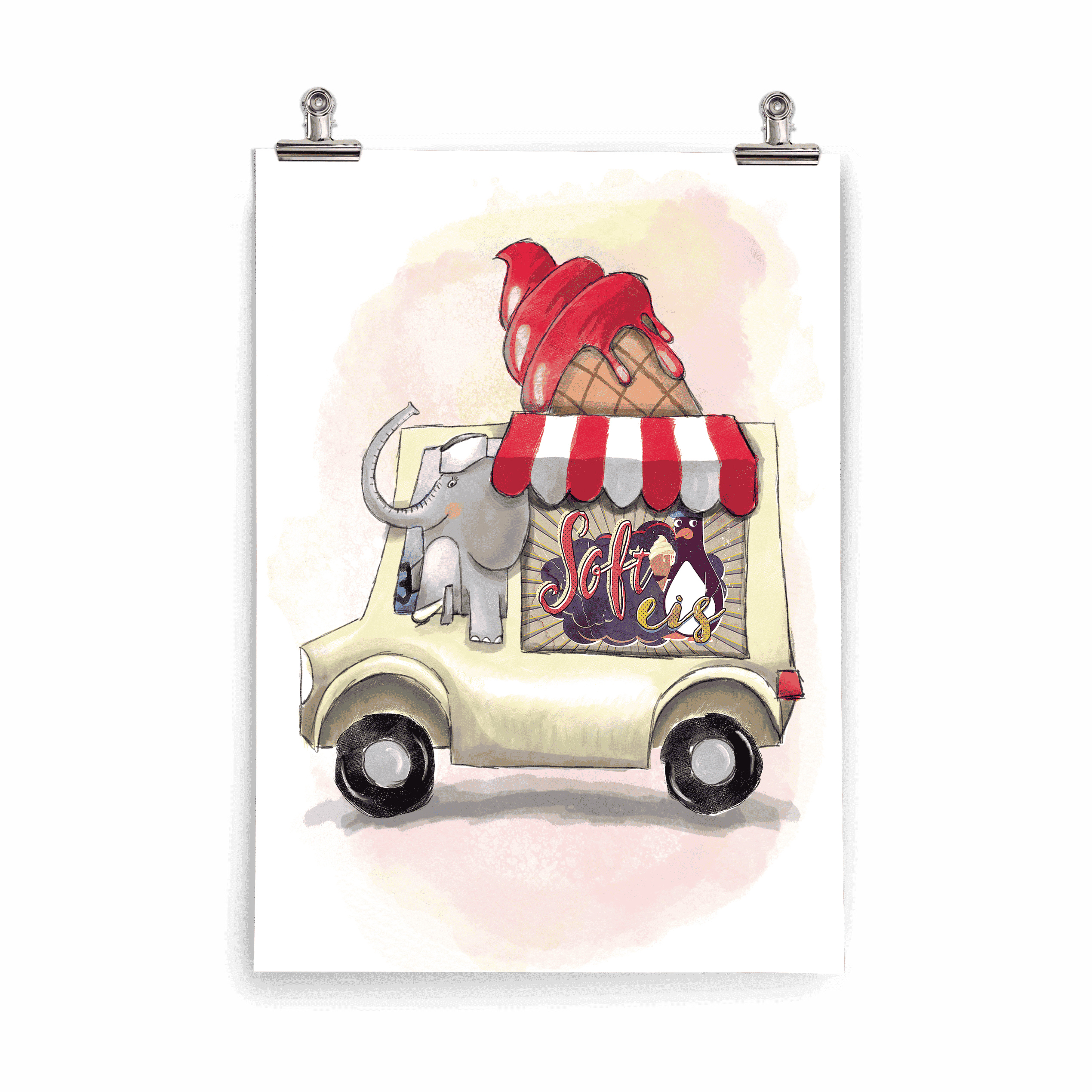 Kinderposter Elvis Elefant – Elefant mit cremefarbenem Eiswagen, handgemalt