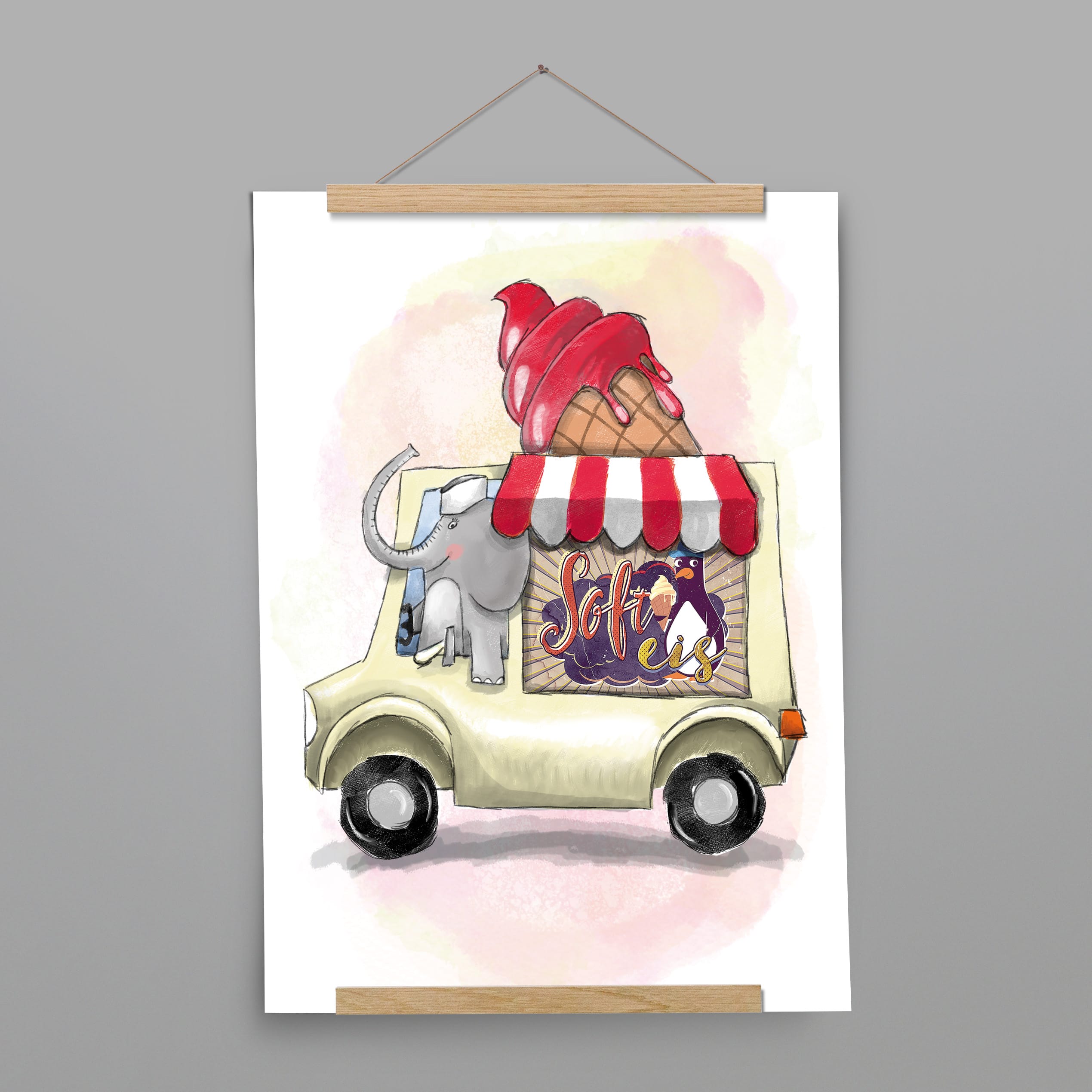 Kinderposter Elvis Elefant mit Posterleiste aus Eichenholz, handgemalt auf Naturpapier