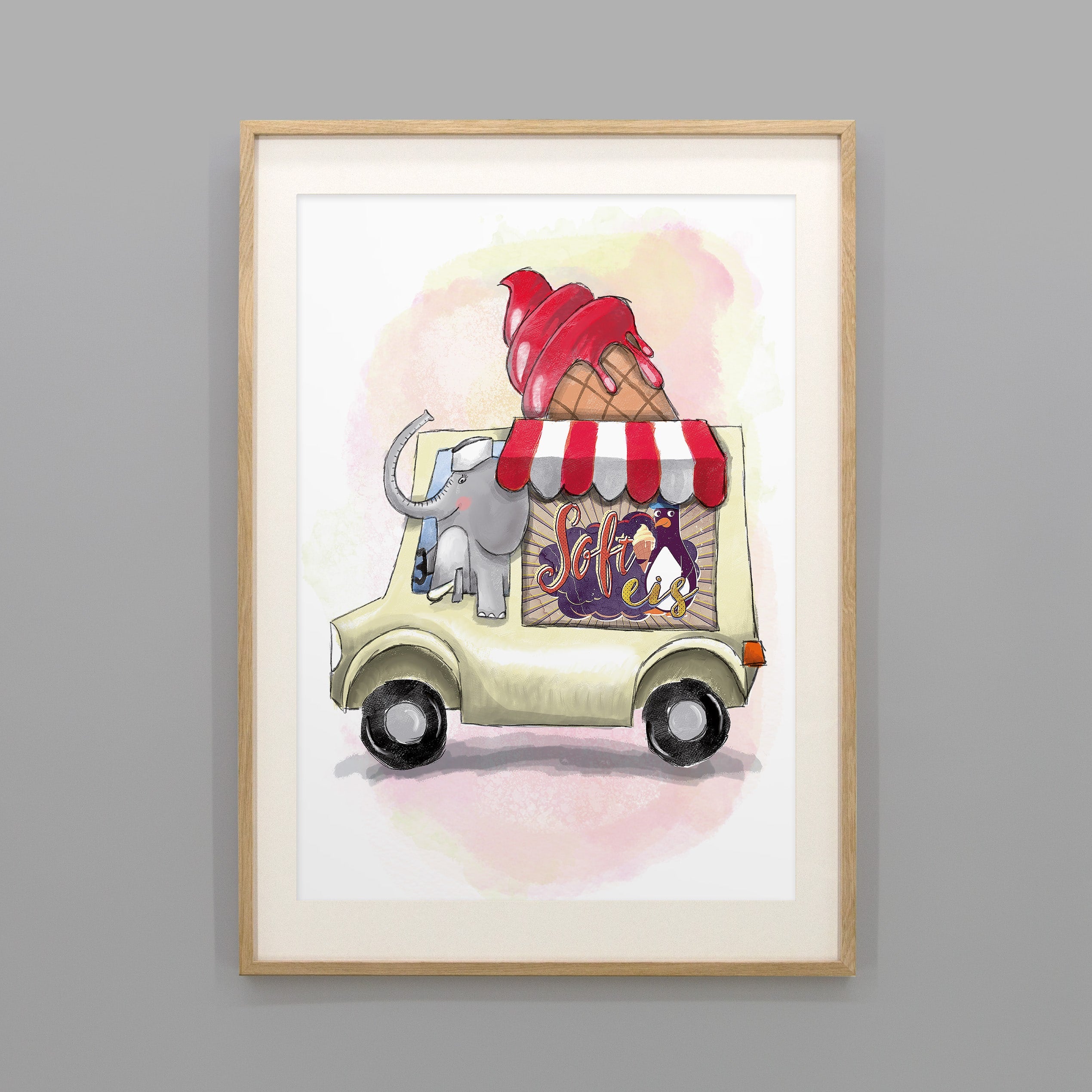 Kinderposter Elvis Elefant im Holzrahmen, handgemaltes Wandbild fürs Kinderzimmer