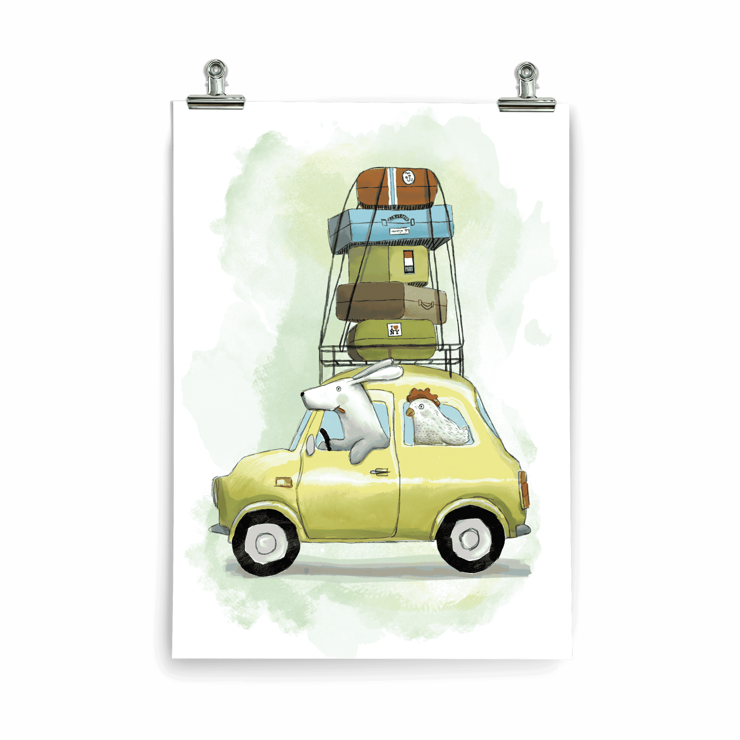 Kinderposter Hund & Huhn – beste Freunde mit klapprigem Auto und fünf Koffern auf Reisen, handgemalt