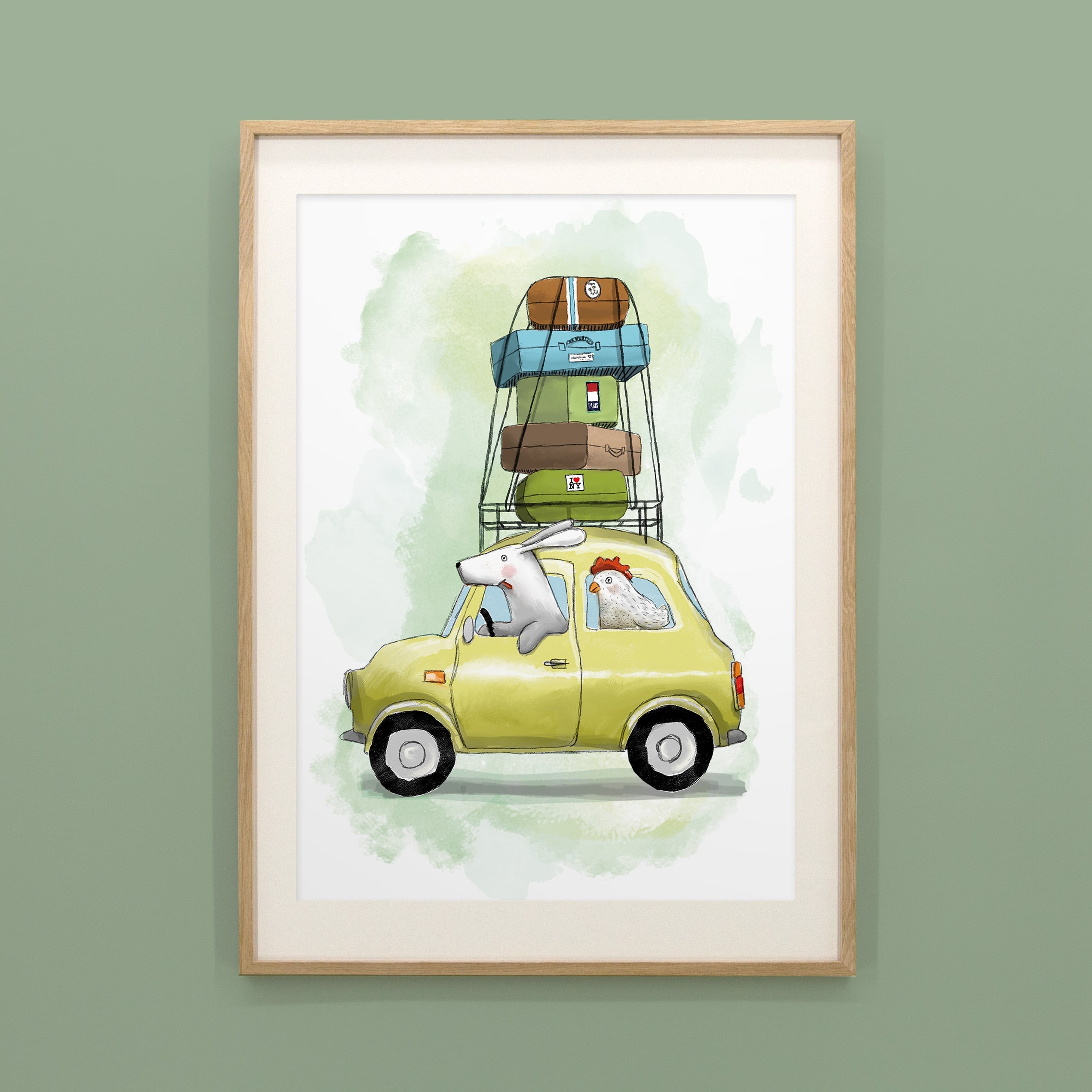 Kinderposter Hund & Huhn im Holzrahmen, handgemaltes Wandbild fürs Kinderzimmer