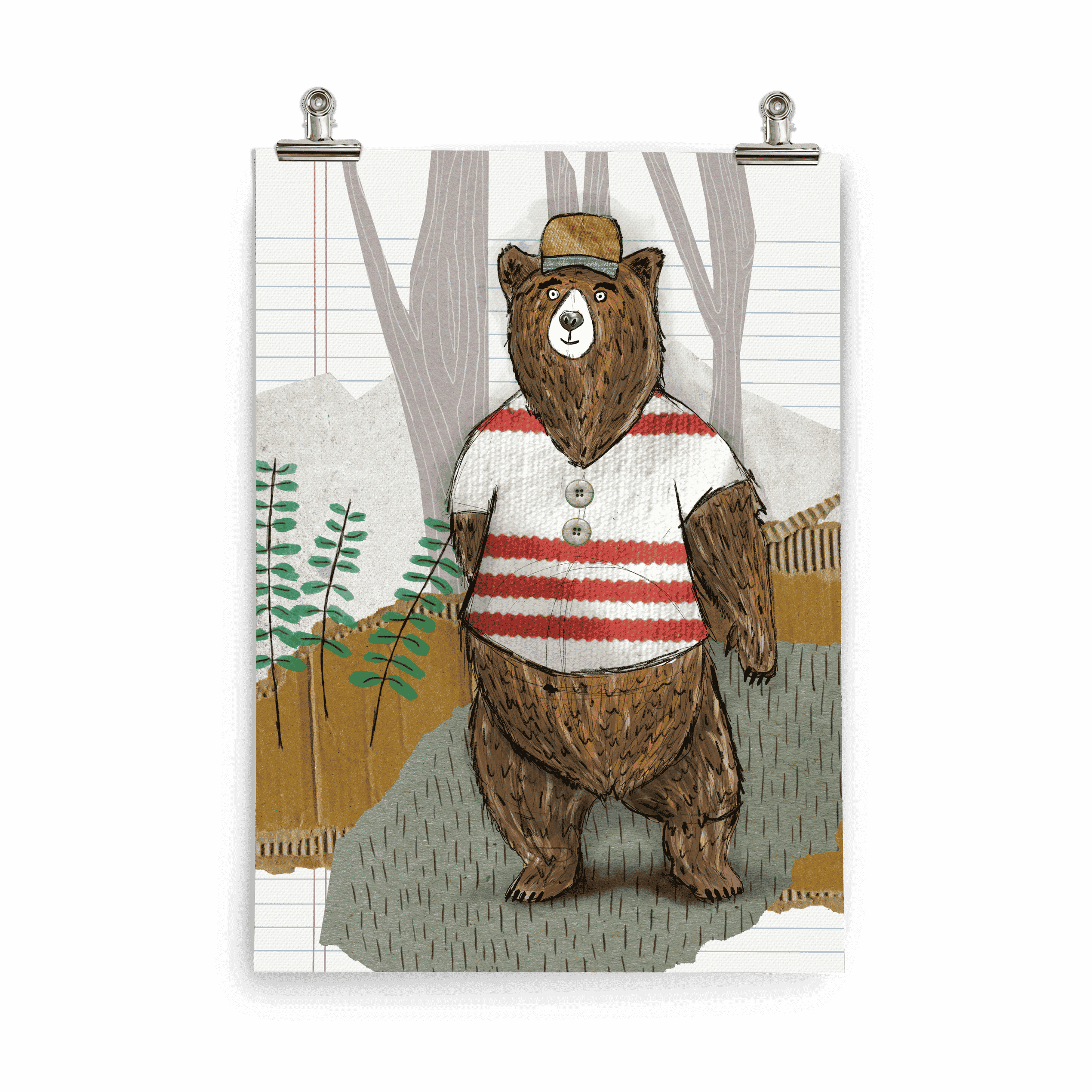 Kinderposter Benno Bär – Bär mit cremeweißem Strickpulli und gelber Mütze, Kinderzimmer-Wächter, handgemalt