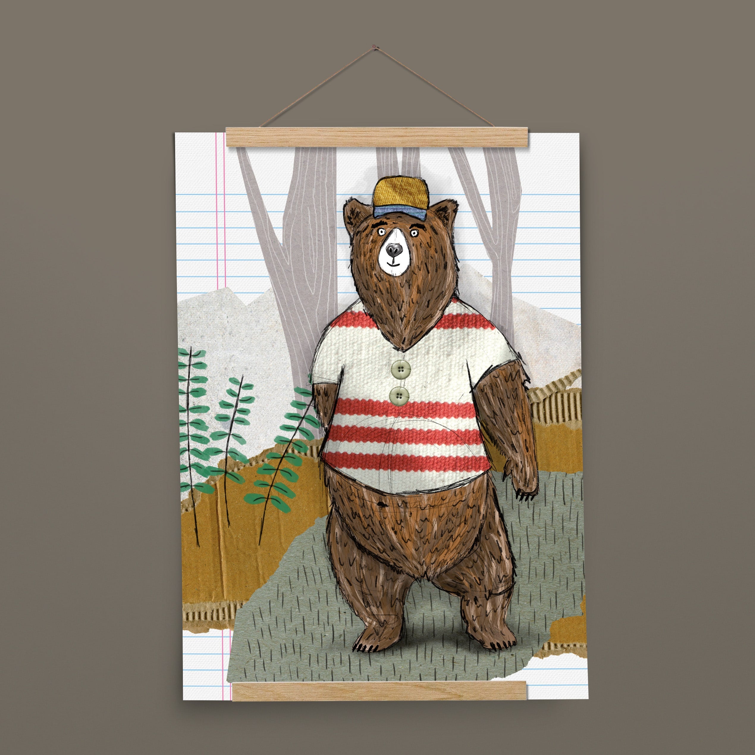 Kinderposter Benno Bär mit Posterleiste aus Eichenholz, handgemalt auf Naturpapier