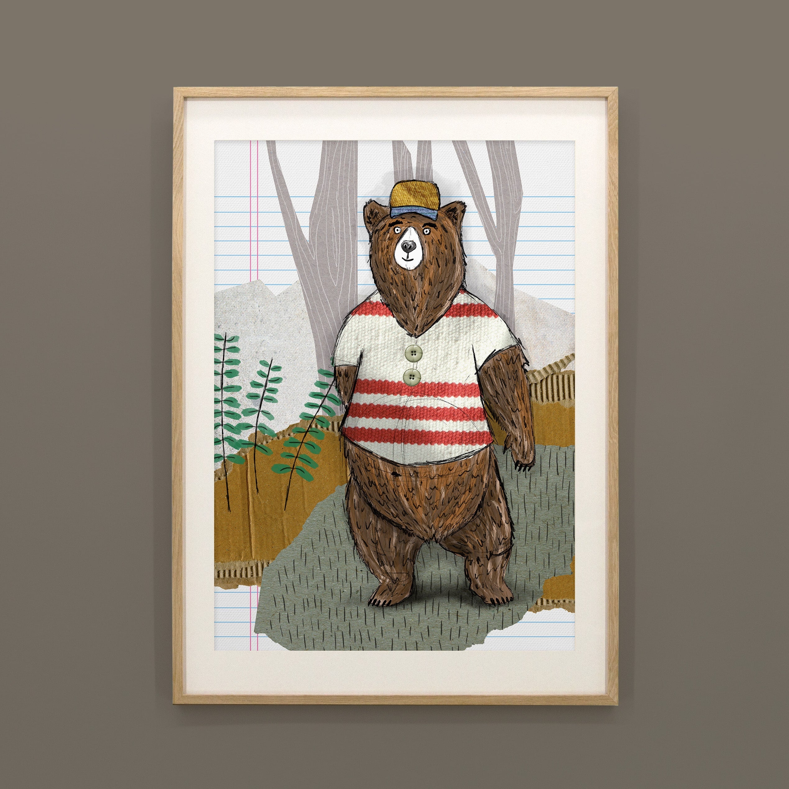 Kinderposter Benno Bär im Holzrahmen, handgemaltes Wandbild fürs Kinderzimmer
