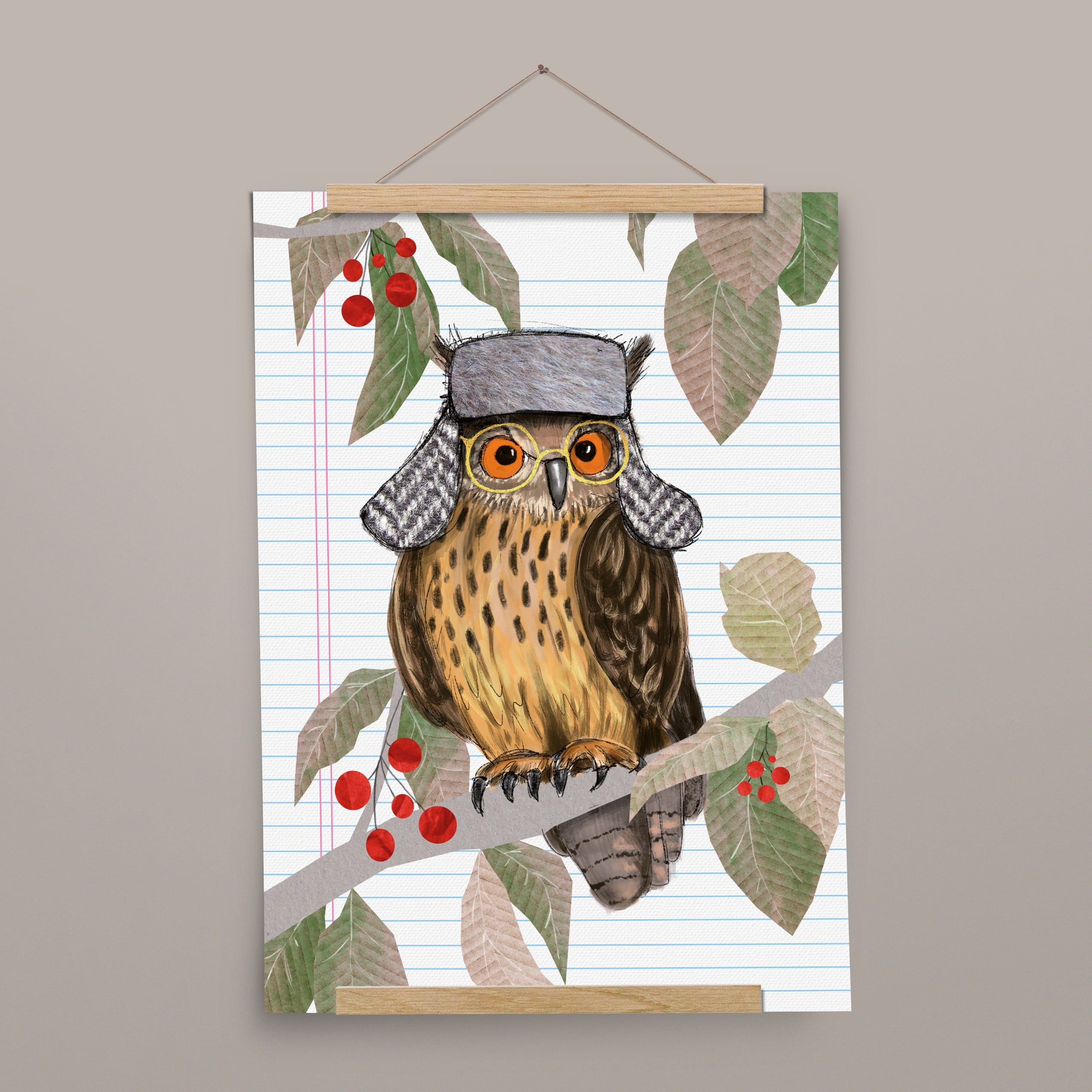 Kinderposter Ella Eule mit Posterleiste aus Eichenholz, handgemalt auf Naturpapier