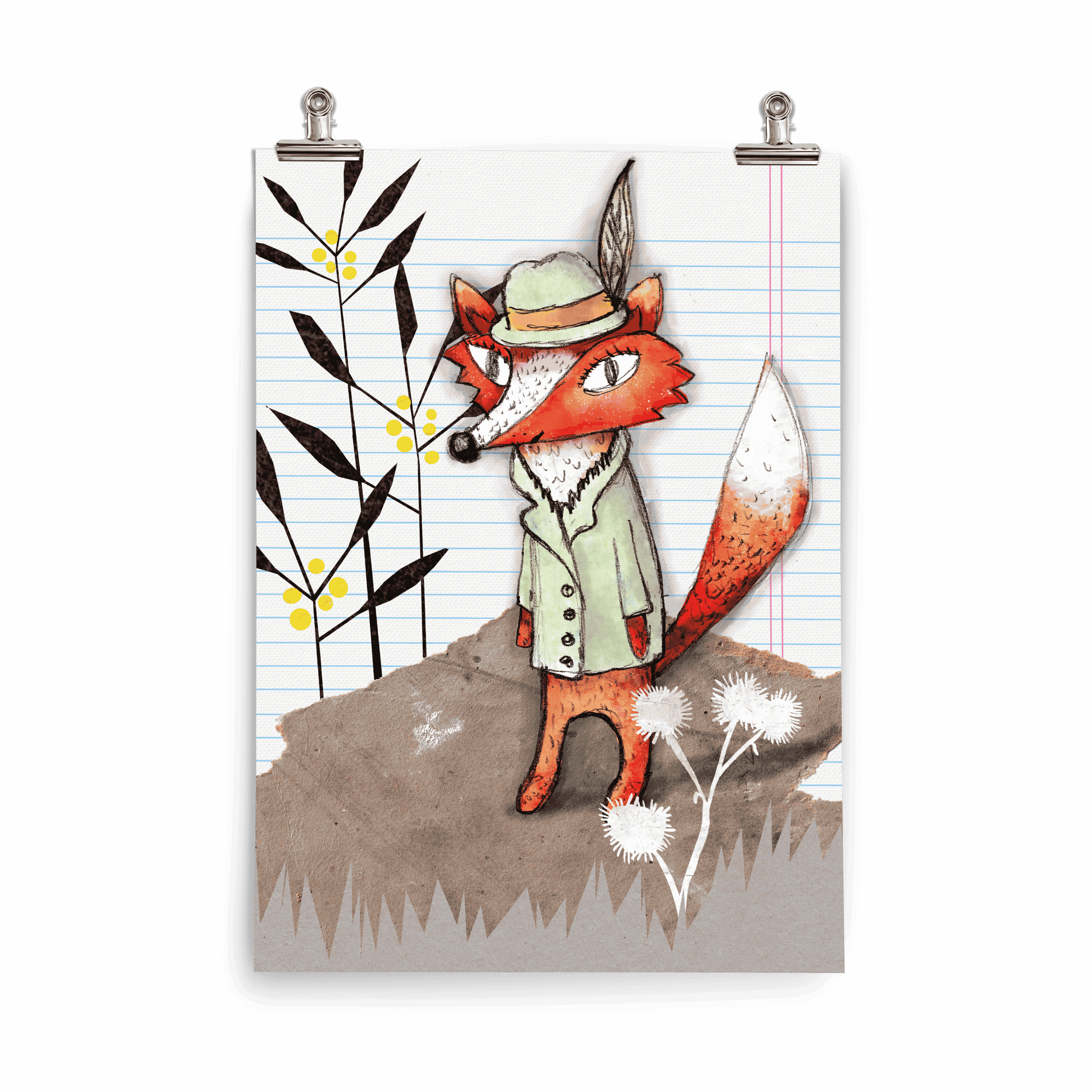 Kinderposter Felipa Fuchs – Fuchs im grünen Trenchcoat mit Feder am Hut, handgemalt