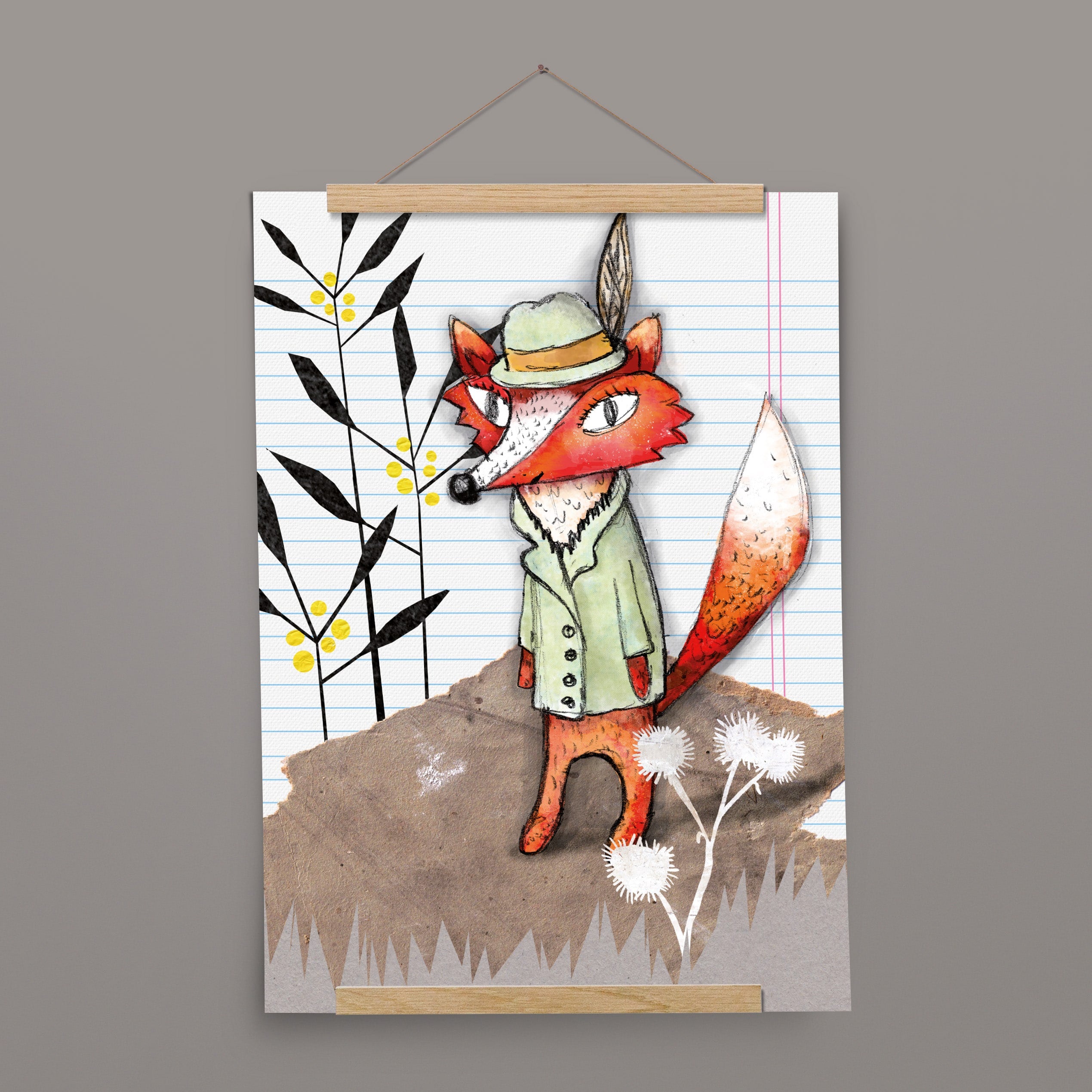 Kinderposter Felipa Fuchs mit Posterleiste aus Eichenholz, handgemalt auf Naturpapier